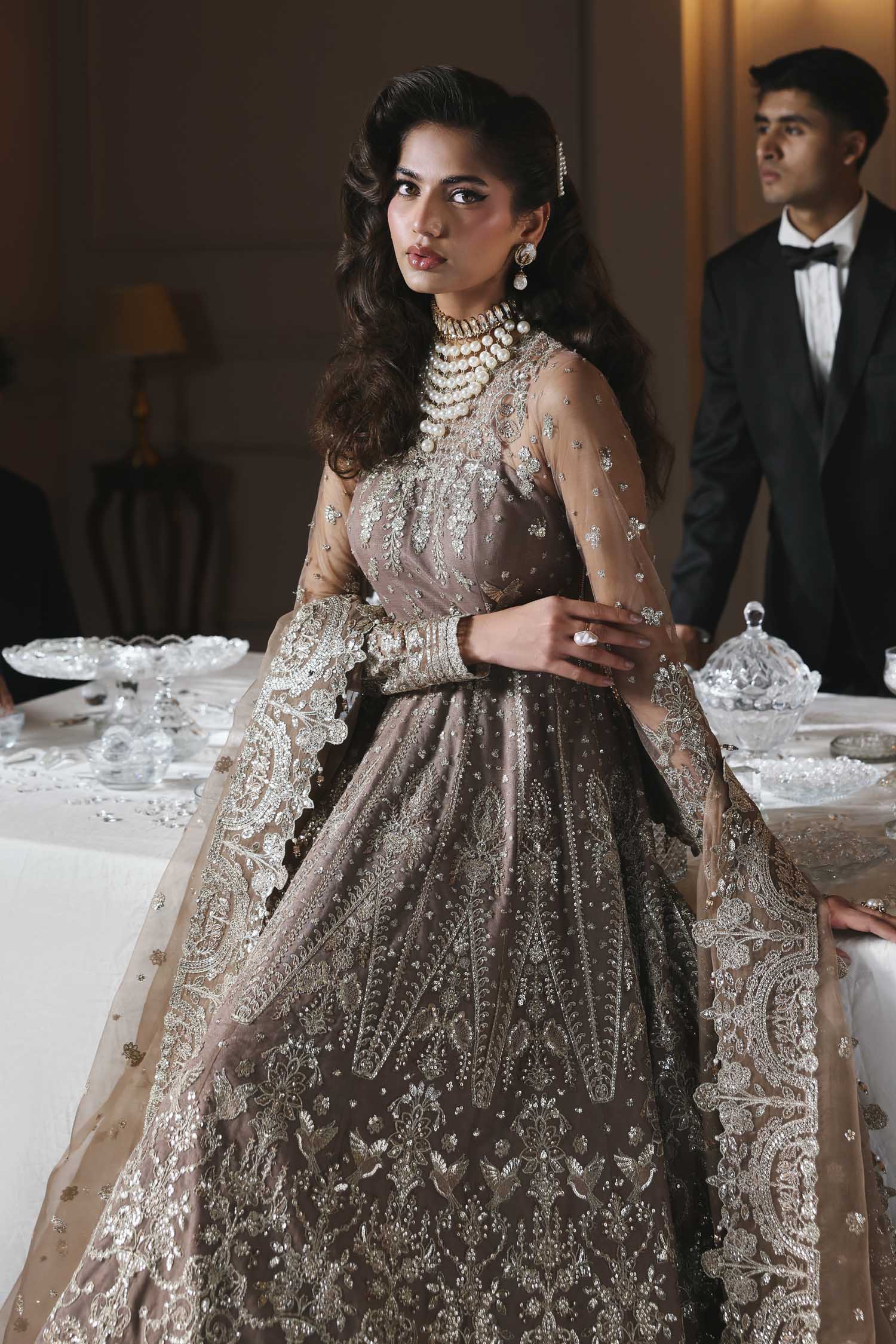 Women Wearing Noorzaib Champagne Peshwas For Formals Events - Pakistani Designer Wear For Women In UK | Kifat