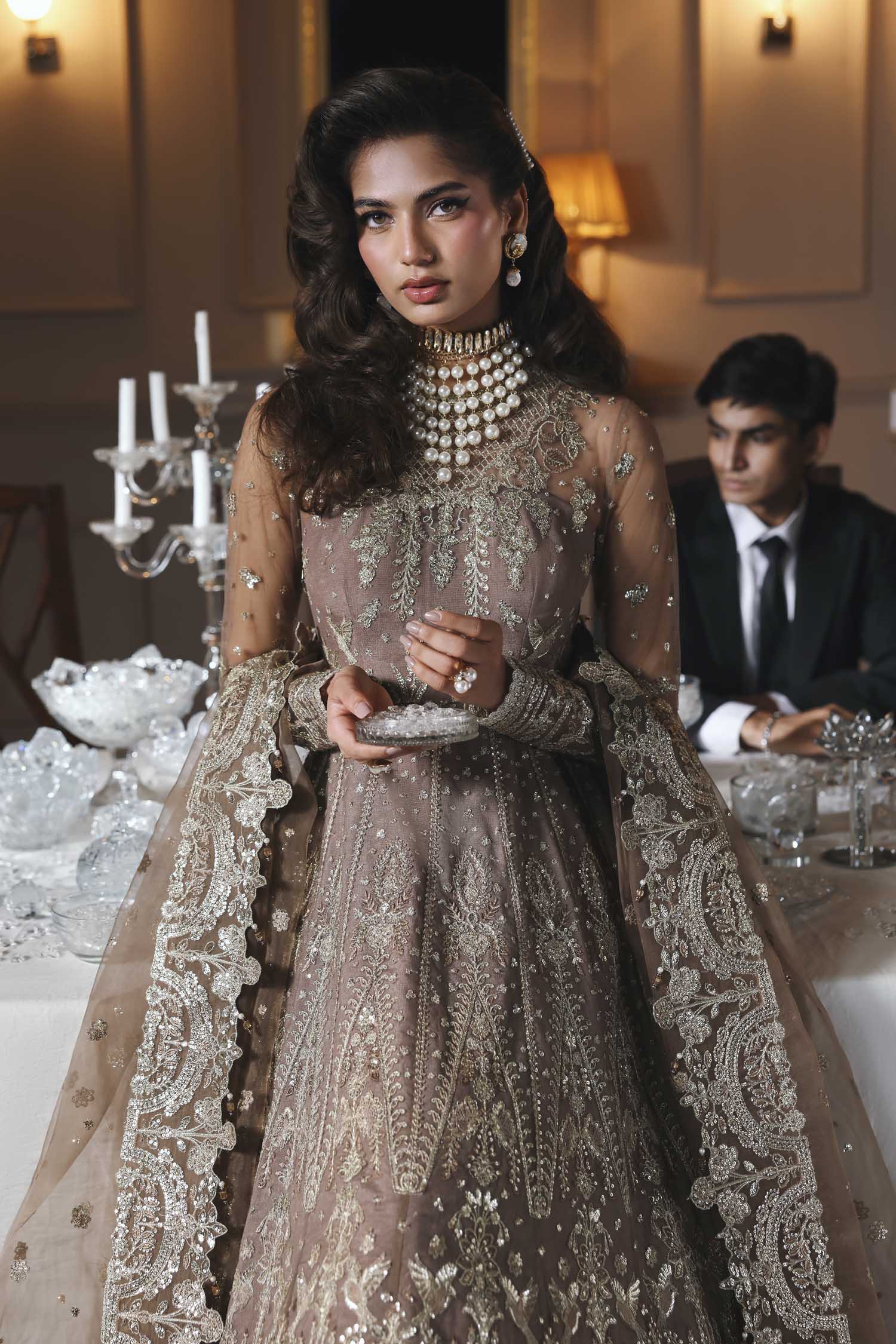 Women Wearing Noorzaib Champagne Peshwas For Formals Events - Pakistani Designer Wear For Women In UK | Kifat