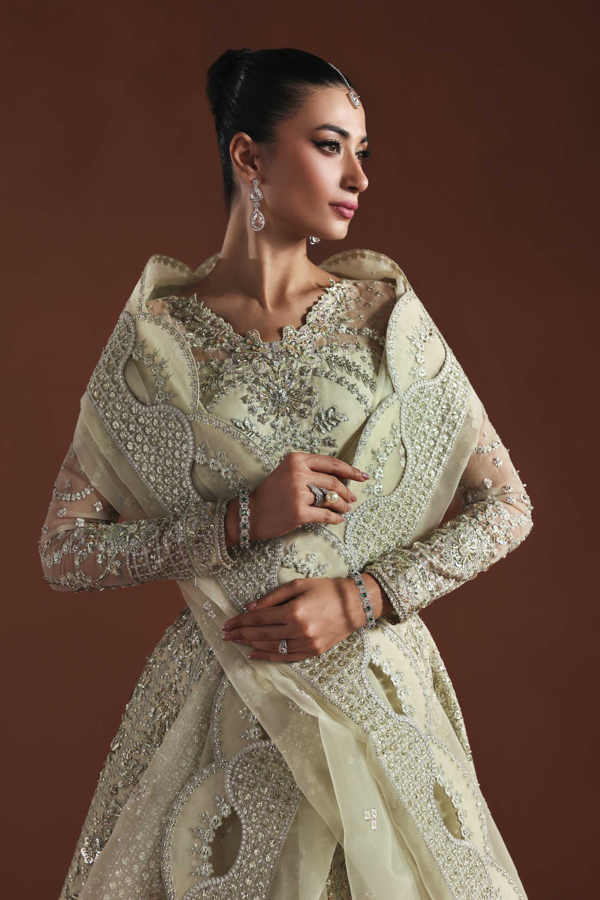 Women Wearing Fable Peach Mint Lehenga Choli For Luxury Formals Events - Pakistani Designer Wear For Women In UK | Kifat