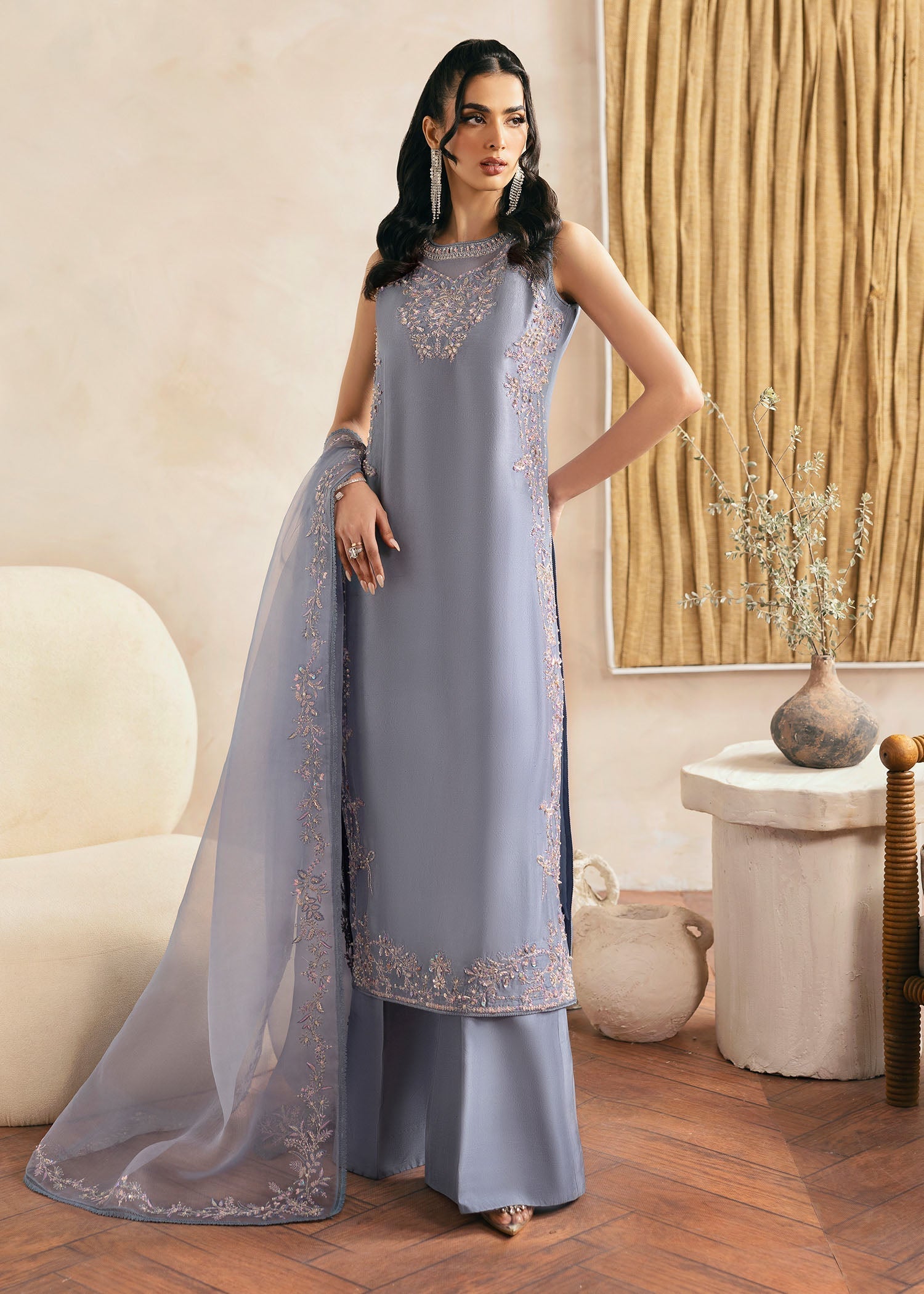 Kanwal Malik Grey Shirt with flared trousers for Luxury Wedding wear - Pakistani Designer Wear for Women in UK | Kifat