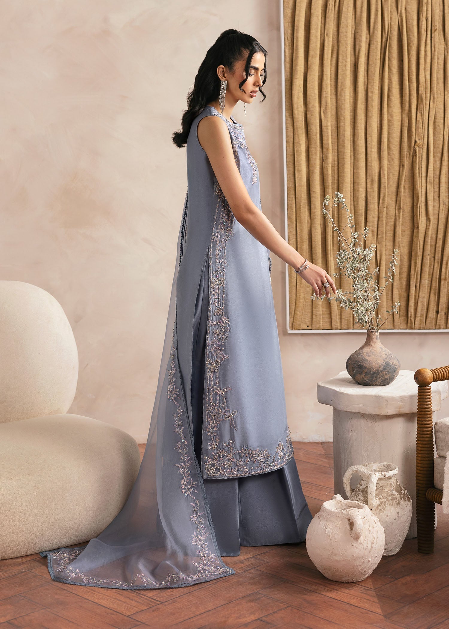 Kanwal Malik Grey Shirt with flared trousers for Luxury Wedding wear - Pakistani Designer Wear for Women in UK | Kifat