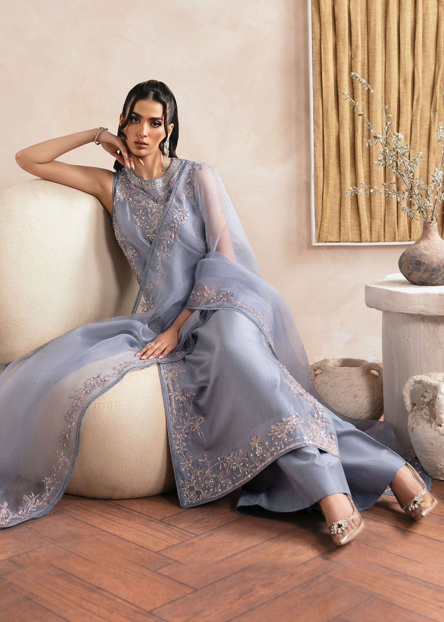 Kanwal Malik Grey Shirt with flared trousers for Luxury Wedding wear - Pakistani Designer Wear for Women in UK | Kifat