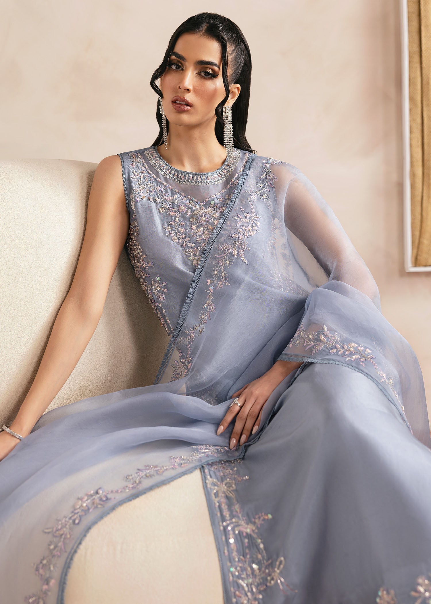 Kanwal Malik Grey Shirt with flared trousers for Luxury Wedding wear - Pakistani Designer Wear for Women in UK | Kifat