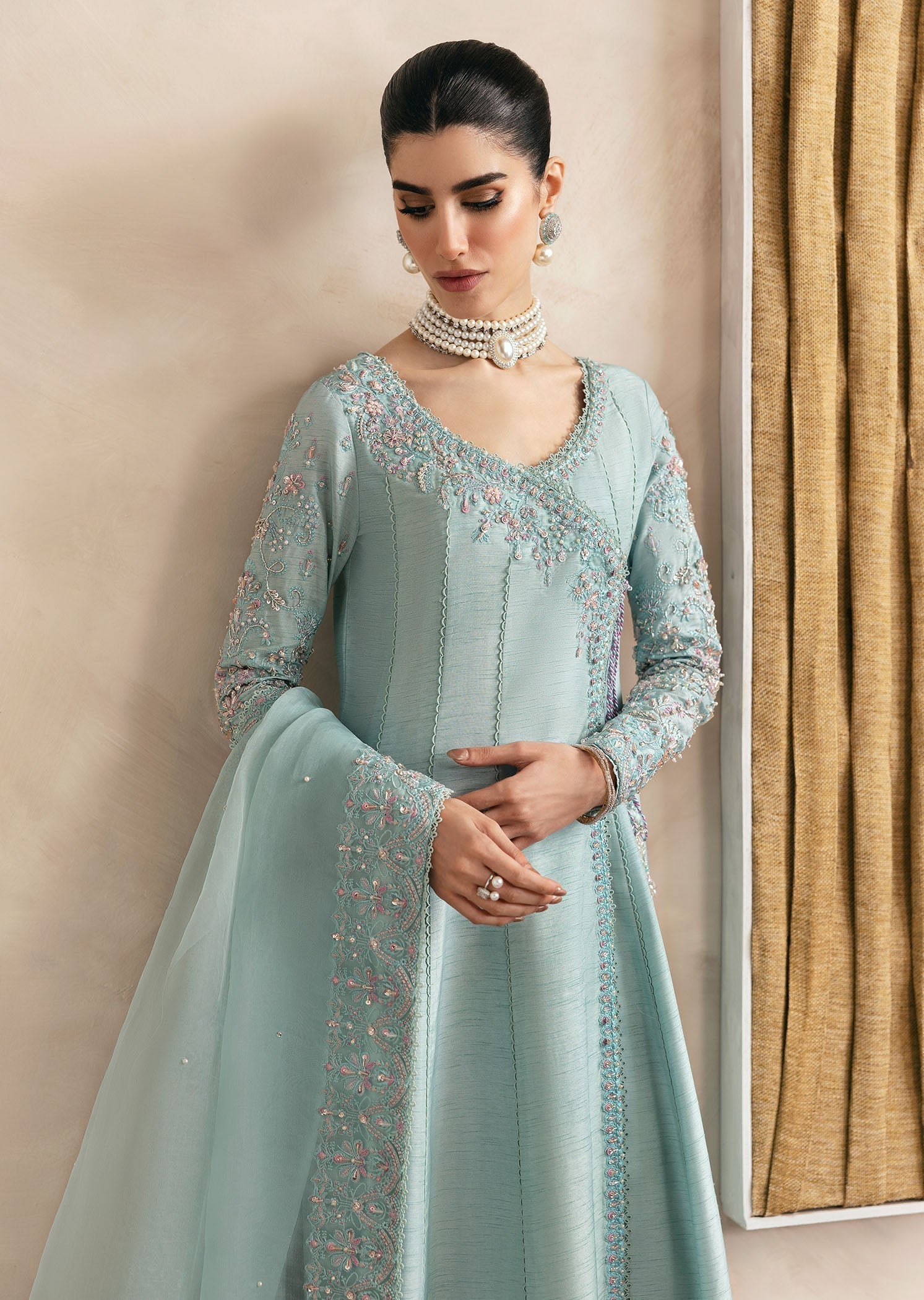 Kanwal Malik Powder Blue Angrakha with flowing culottes for Luxury Wedding wear - Pakistani Designer Wear for Women in UK | Kifat