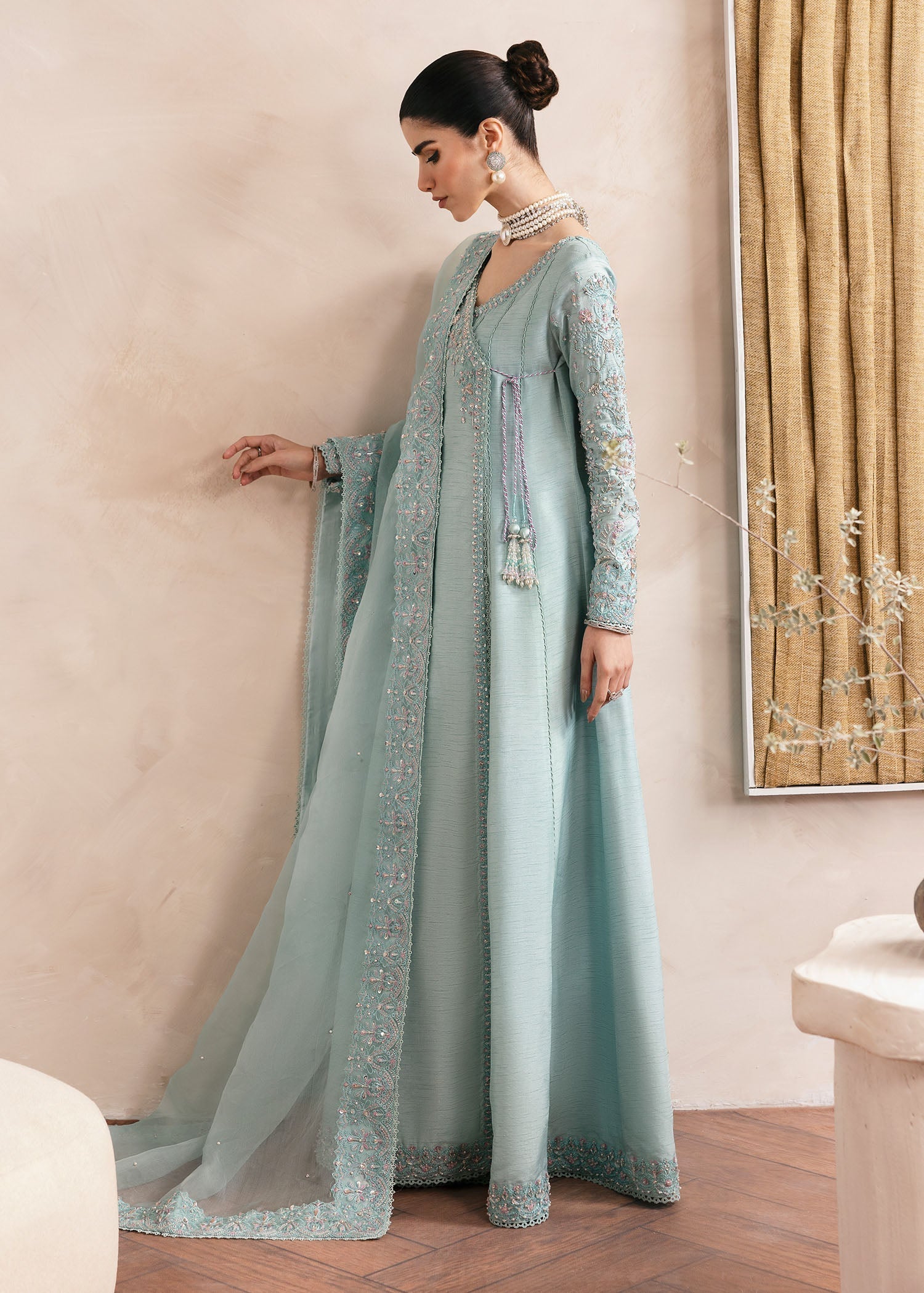 Kanwal Malik Powder Blue Angrakha with flowing culottes for Luxury Wedding wear - Pakistani Designer Wear for Women in UK | Kifat