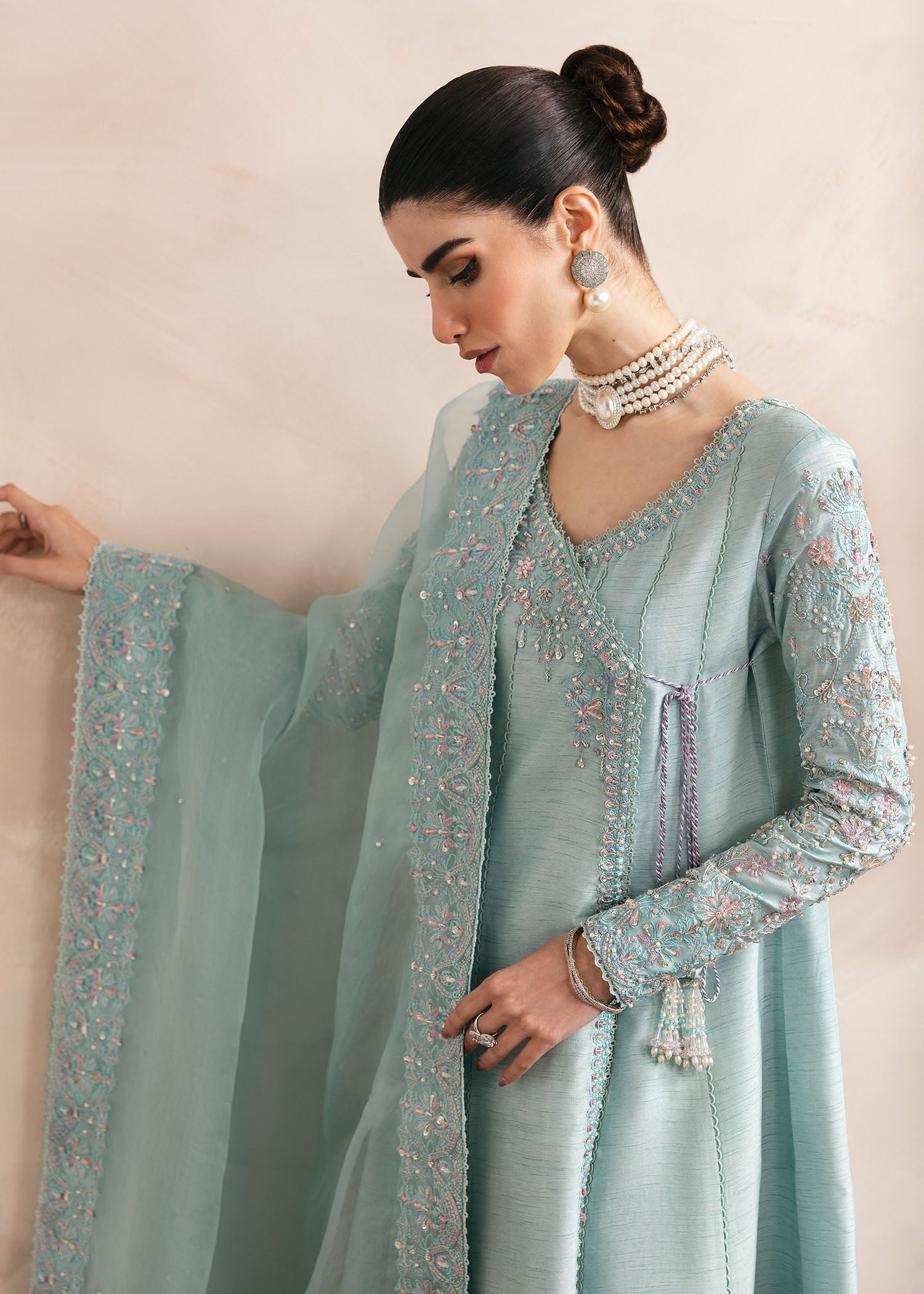 Kanwal Malik Powder Blue Angrakha with flowing culottes for Luxury Wedding wear - Pakistani Designer Wear for Women in UK | Kifat