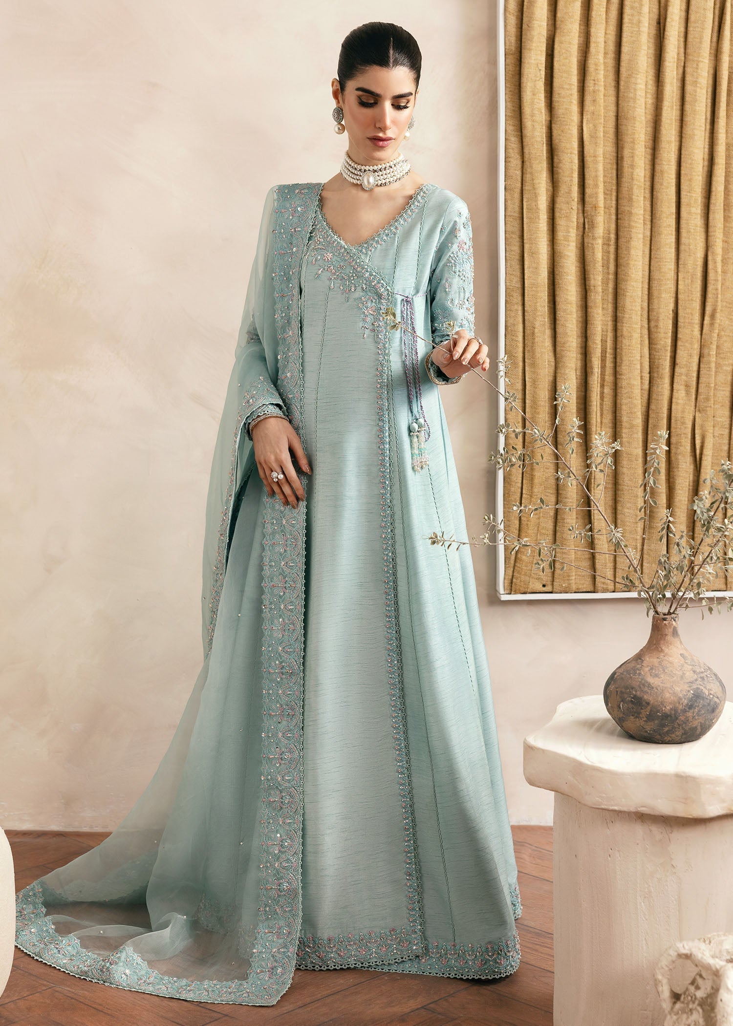 Kanwal Malik Powder Blue Angrakha with flowing culottes for Luxury Wedding wear - Pakistani Designer Wear for Women in UK | Kifat