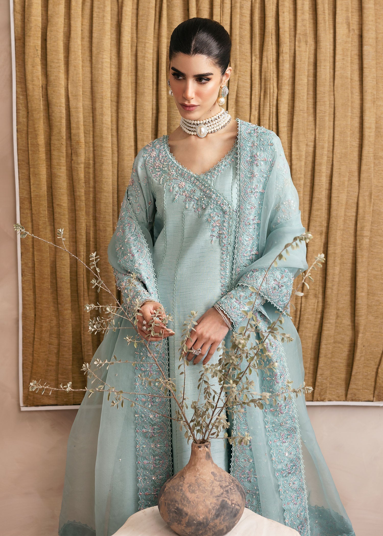 Kanwal Malik Powder Blue Angrakha with flowing culottes for Luxury Wedding wear - Pakistani Designer Wear for Women in UK | Kifat