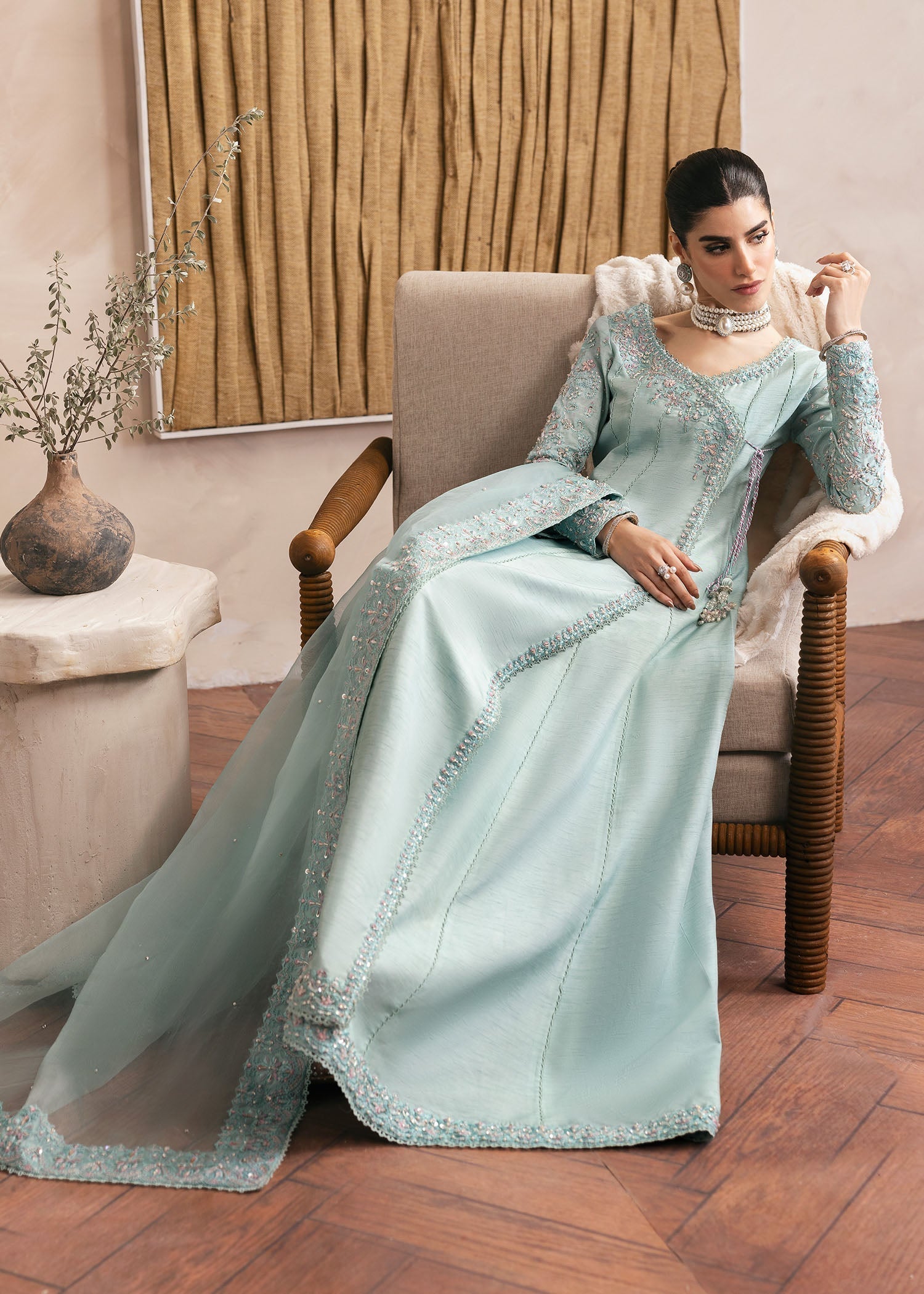 Kanwal Malik Powder Blue Angrakha with flowing culottes for Luxury Wedding wear - Pakistani Designer Wear for Women in UK | Kifat