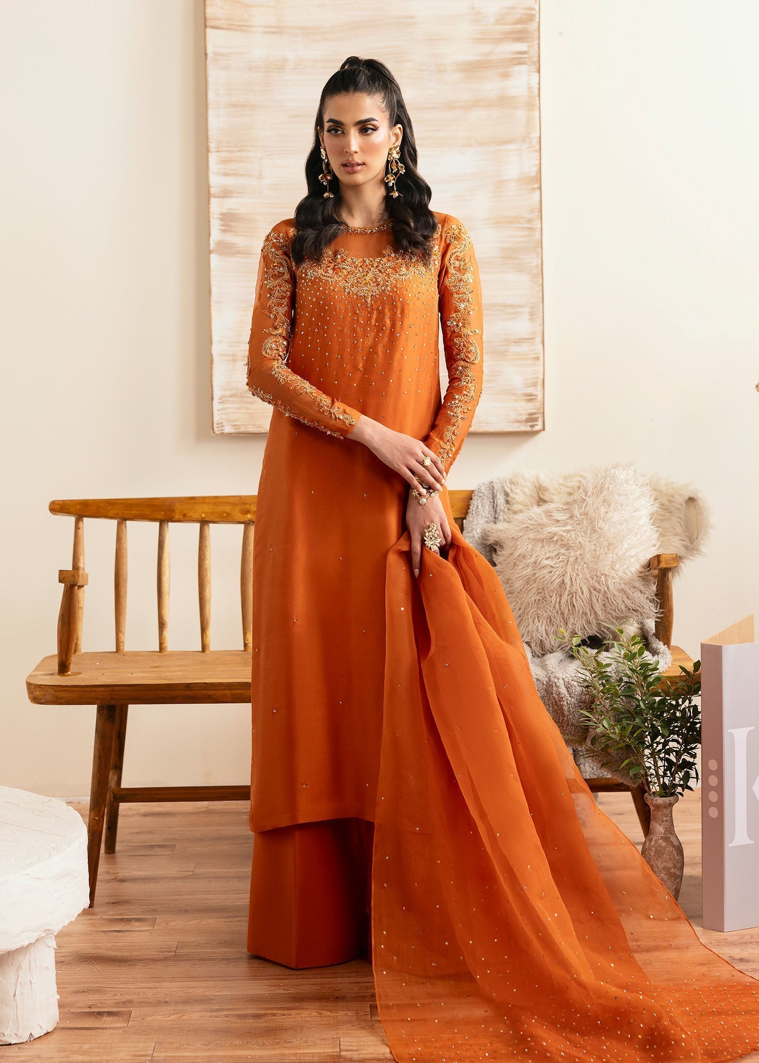 Kanwal Malik Rust shirt with Flared Pants for Luxury Wedding wear - Pakistani Designer Wear for Women in UK | Kifat