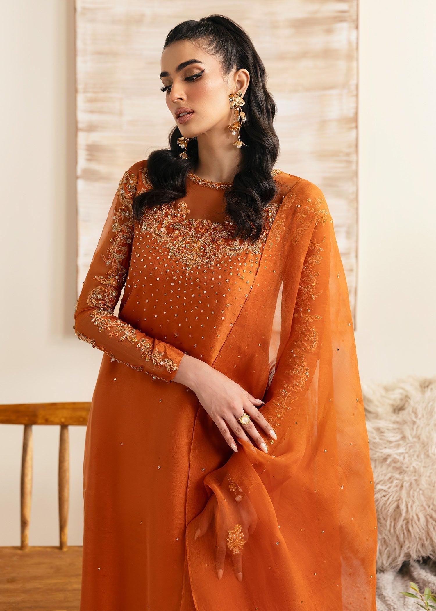 Kanwal Malik Rust shirt with Flared Pants for Luxury Wedding wear - Pakistani Designer Wear for Women in UK | Kifat