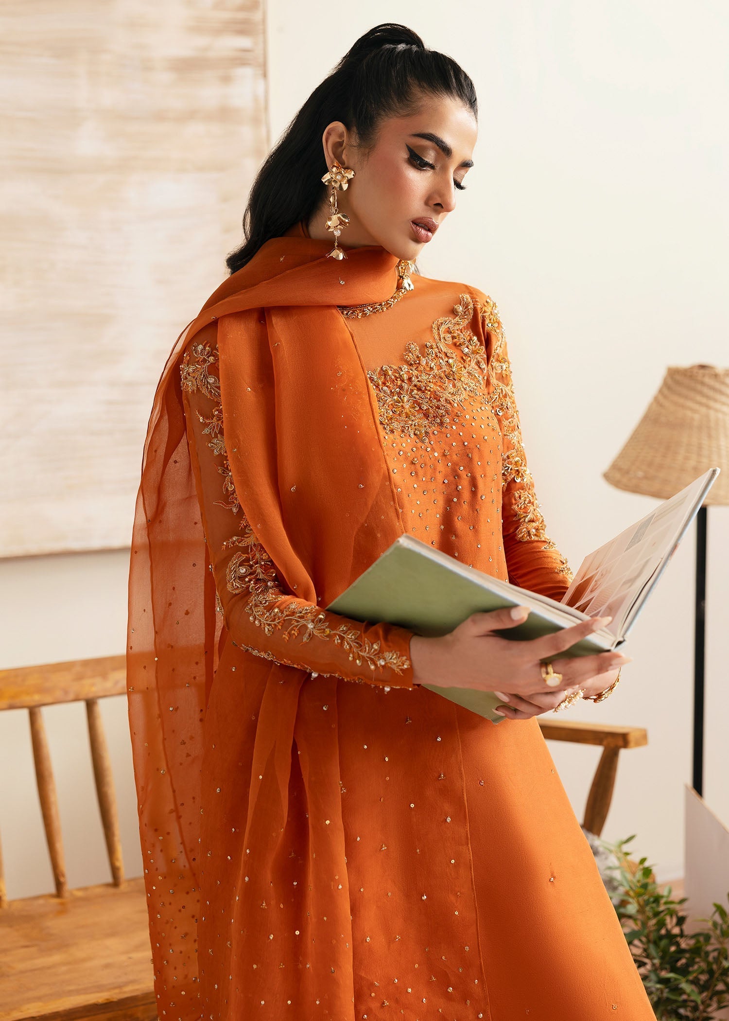 Kanwal Malik Rust shirt with Flared Pants for Luxury Wedding wear - Pakistani Designer Wear for Women in UK | Kifat