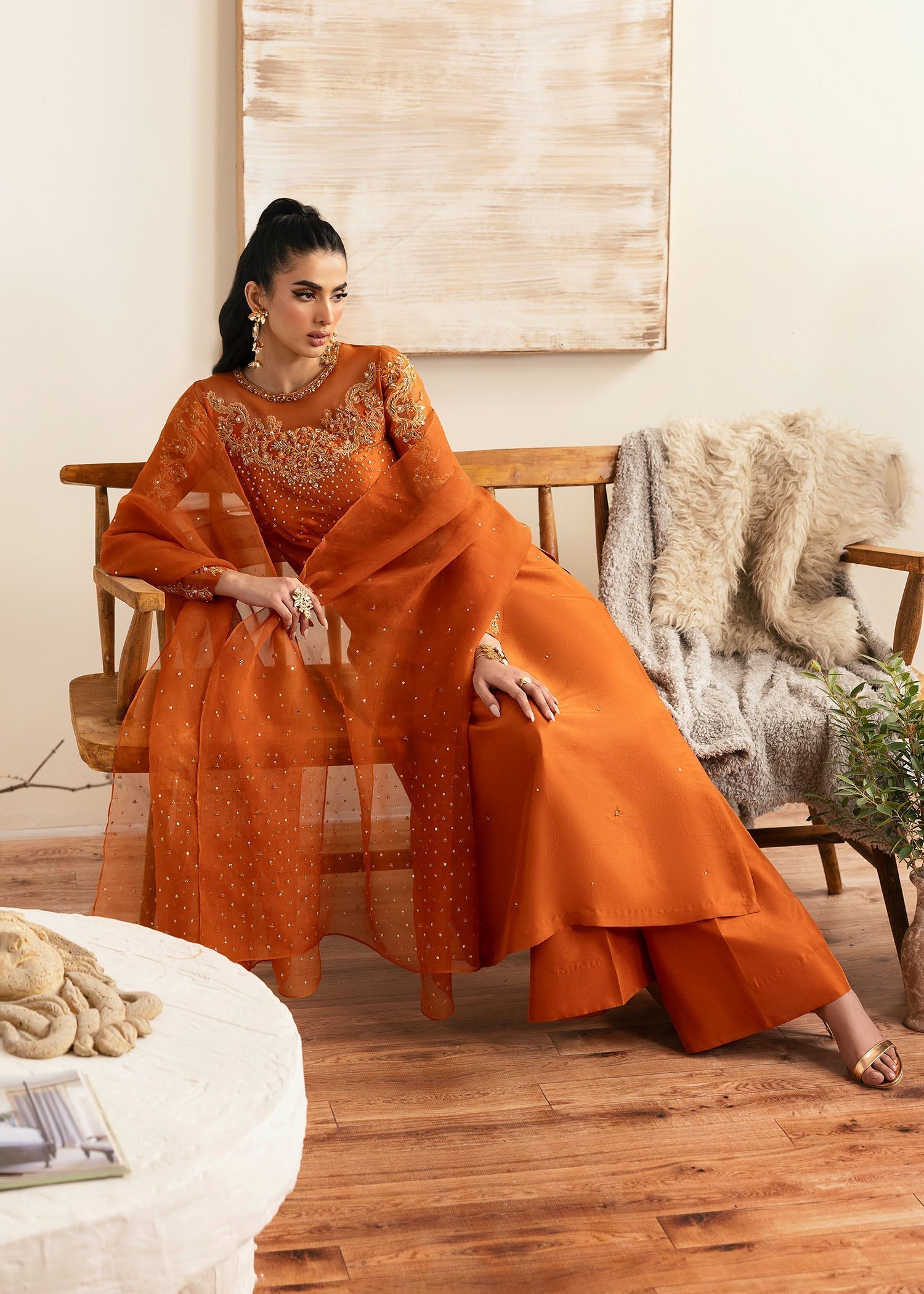 Kanwal Malik Rust shirt with Flared Pants for Luxury Wedding wear - Pakistani Designer Wear for Women in UK | Kifat