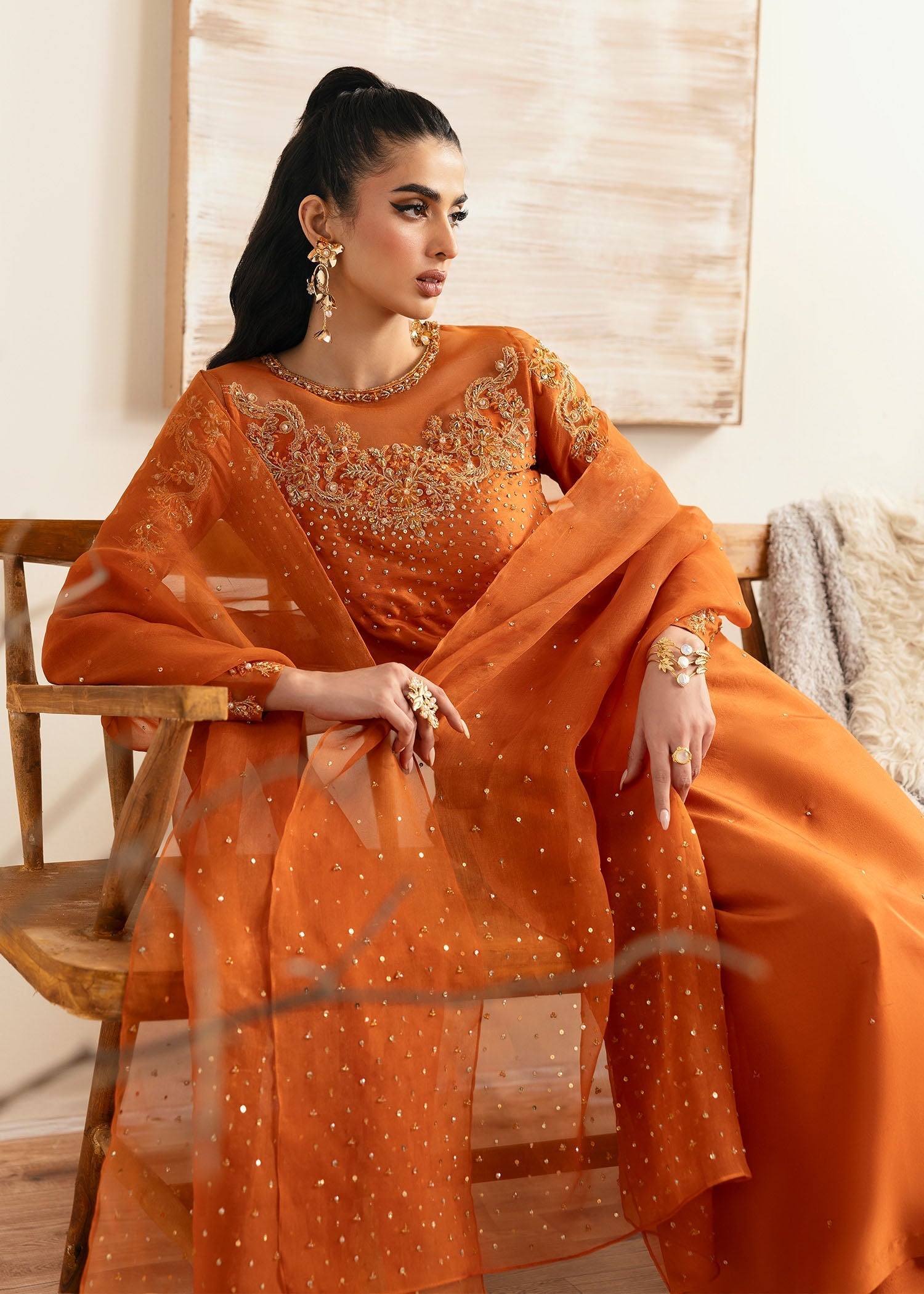 Kanwal Malik Rust shirt with Flared Pants for Luxury Wedding wear - Pakistani Designer Wear for Women in UK | Kifat
