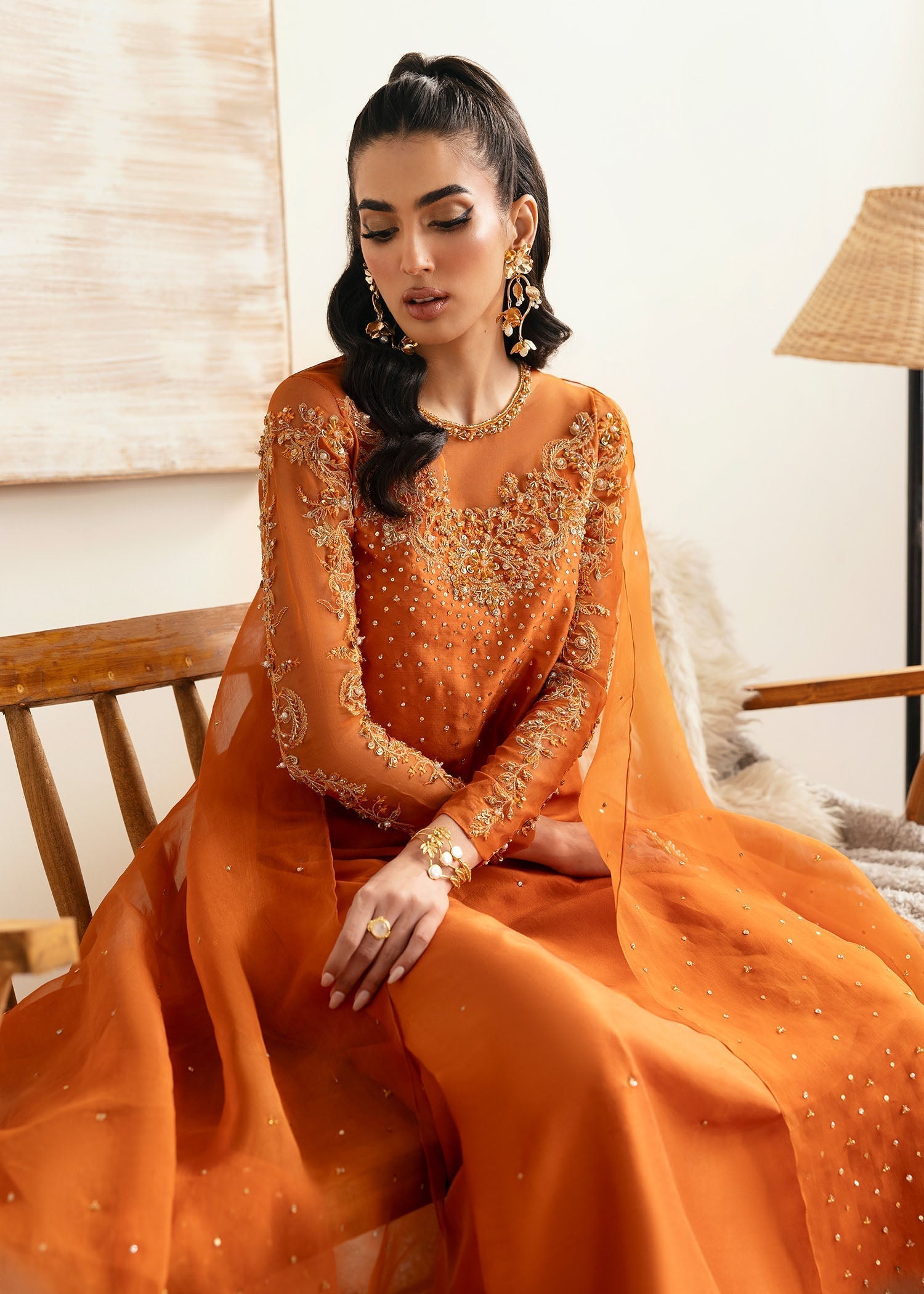 Kanwal Malik Rust shirt with Flared Pants for Luxury Wedding wear - Pakistani Designer Wear for Women in UK | Kifat
