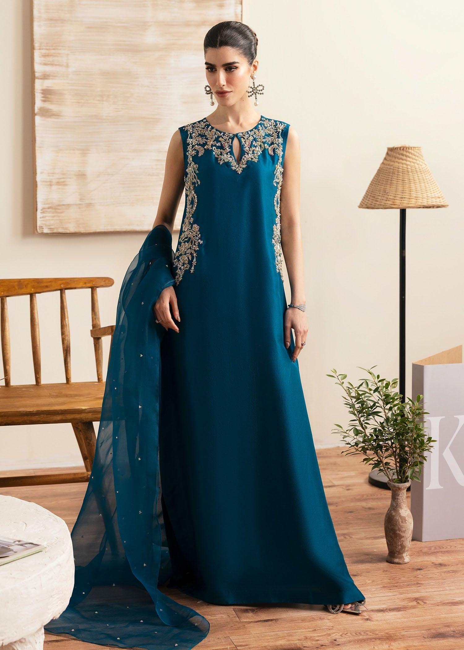 Kanwal Malik Teal Fit Shirt with cigarette pants for Luxury Wedding wear - Pakistani Designer Wear for Women in UK | Kifat