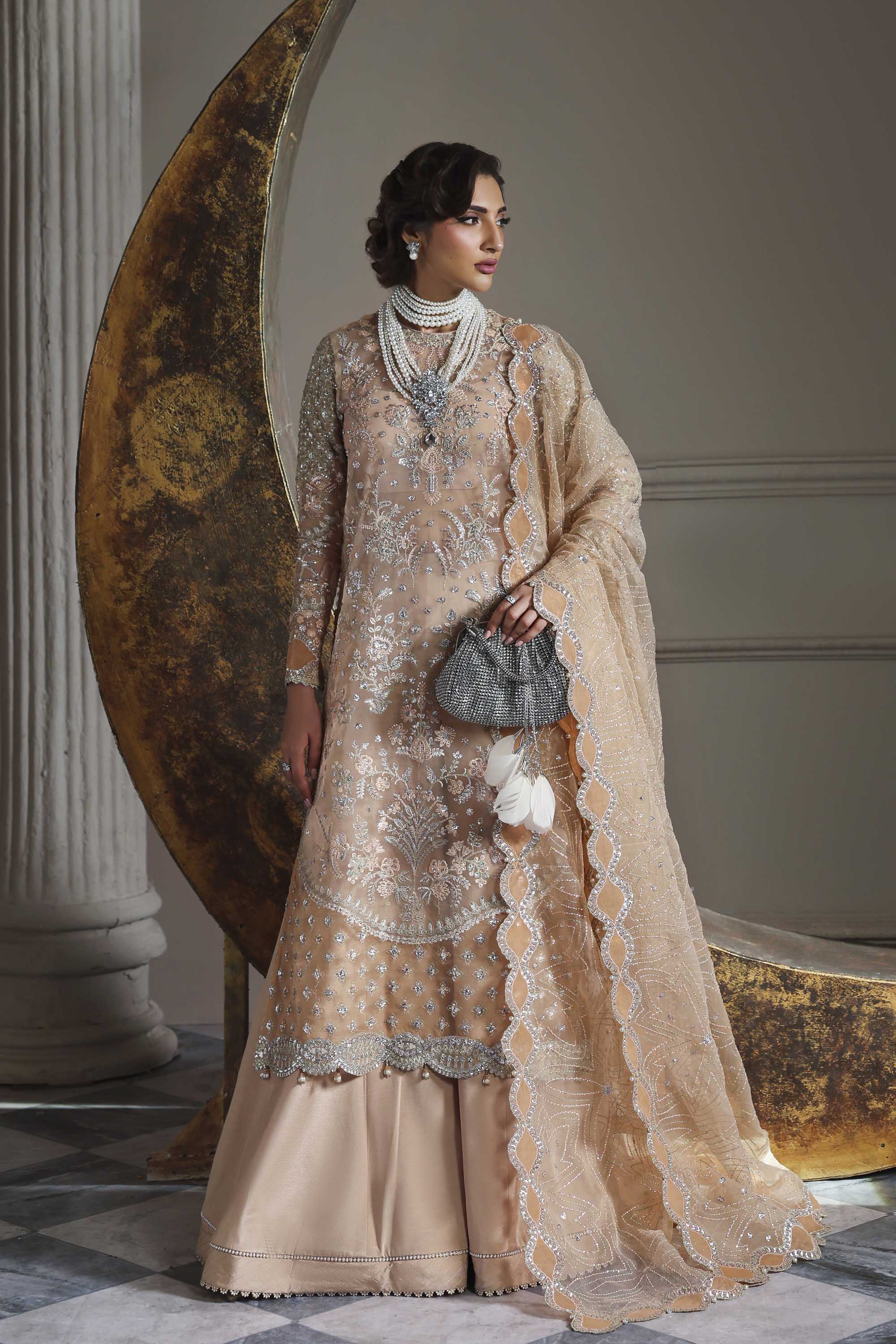 Women Wearing Aabroza Peach Long Shirt For Formals Events - Pakistani Designer Wear For Women In UK | Kifat