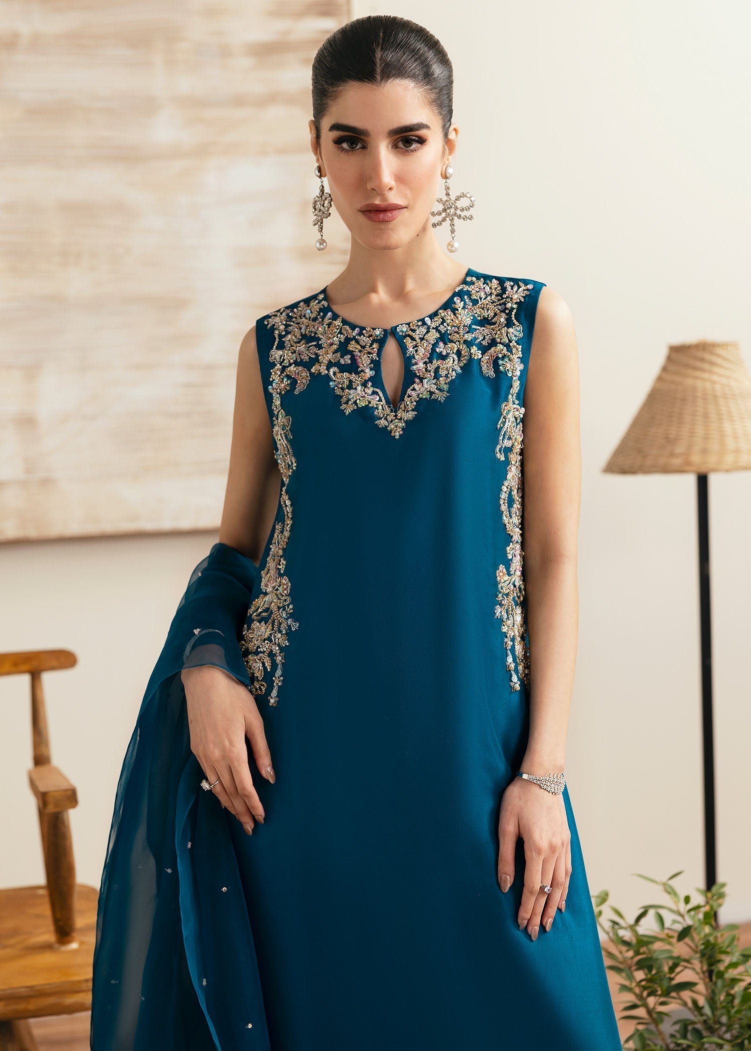 Kanwal Malik Teal Fit Shirt with cigarette pants for Luxury Wedding wear - Pakistani Designer Wear for Women in UK | Kifat