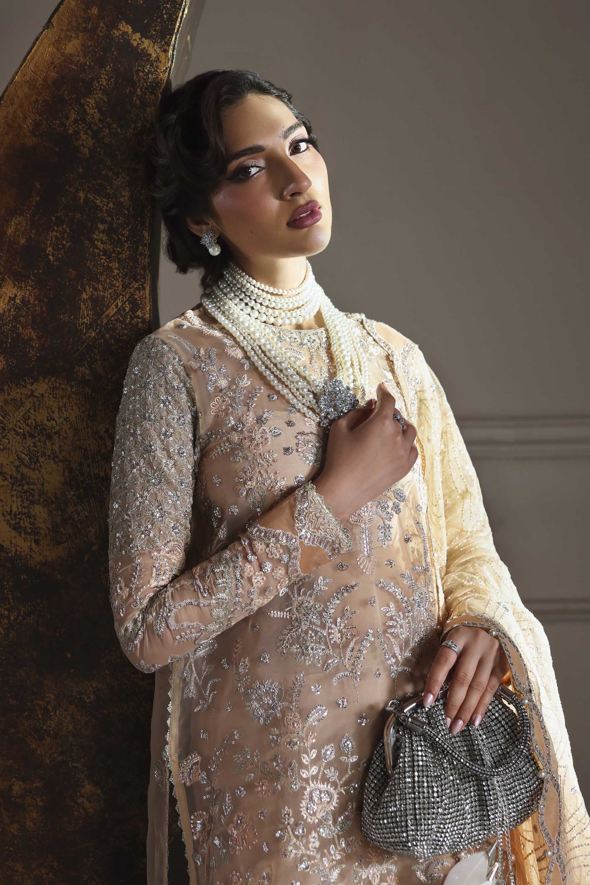 Women Wearing Aabroza Peach Long Shirt For Formals Events - Pakistani Designer Wear For Women In UK | Kifat