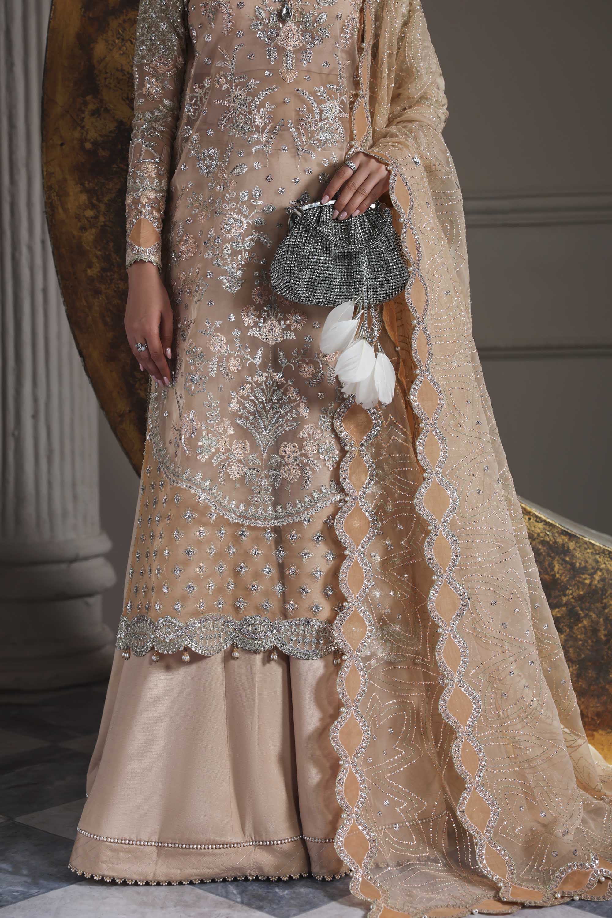 Women Wearing Aabroza Peach Long Shirt For Formals Events - Pakistani Designer Wear For Women In UK | Kifat