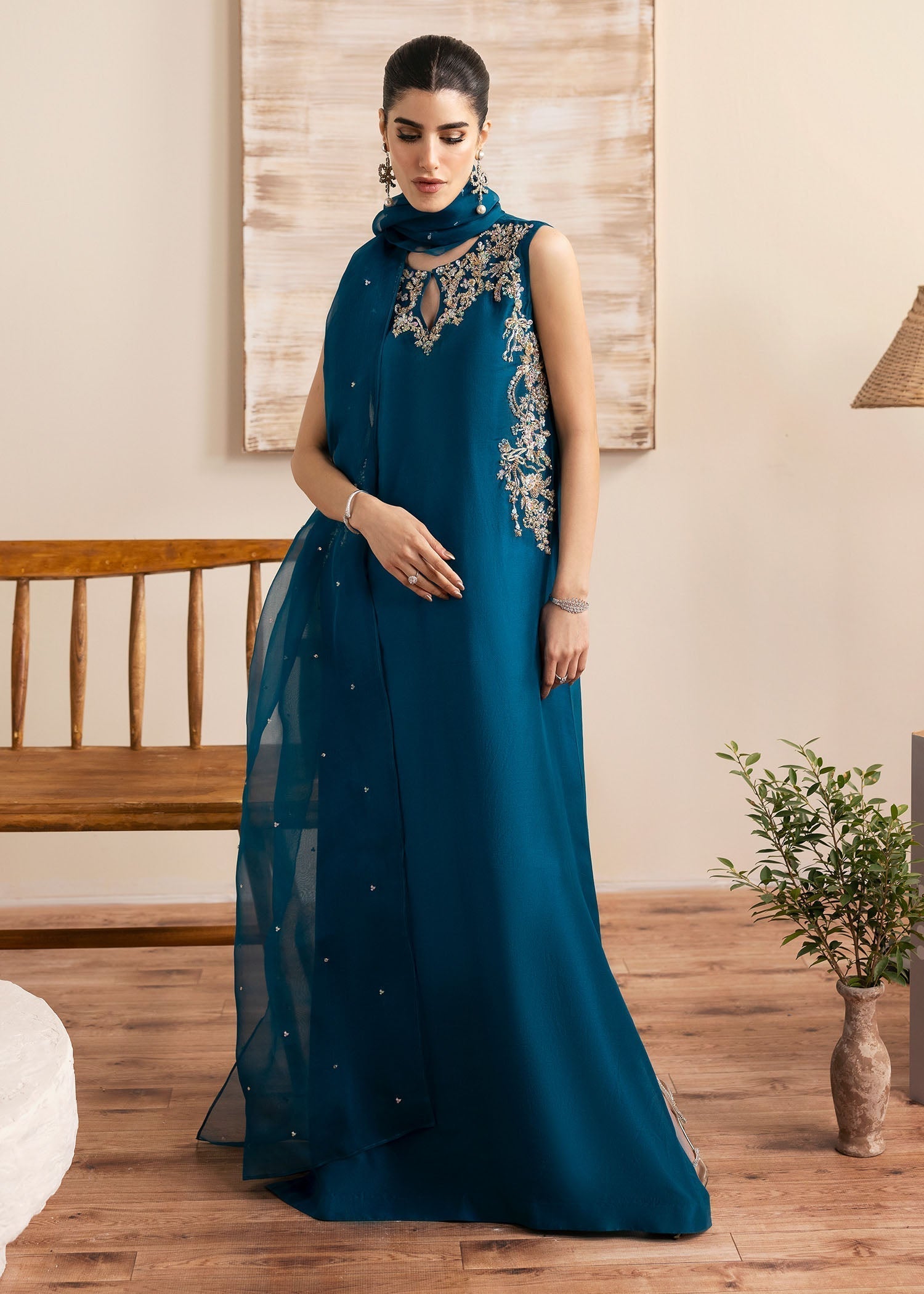 Kanwal Malik Teal Fit Shirt with cigarette pants for Luxury Wedding wear - Pakistani Designer Wear for Women in UK | Kifat