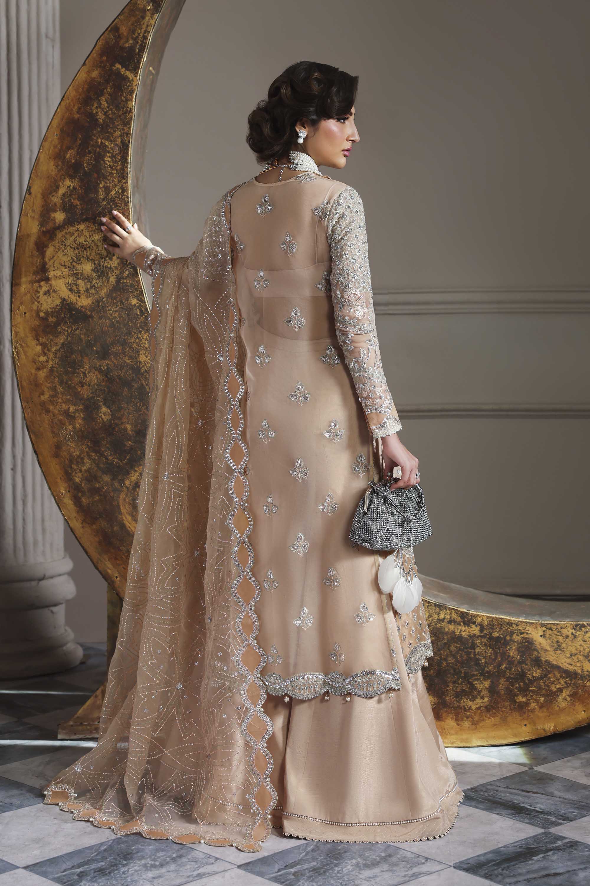 Women Wearing Aabroza Peach Long Shirt For Formals Events - Pakistani Designer Wear For Women In UK | Kifat