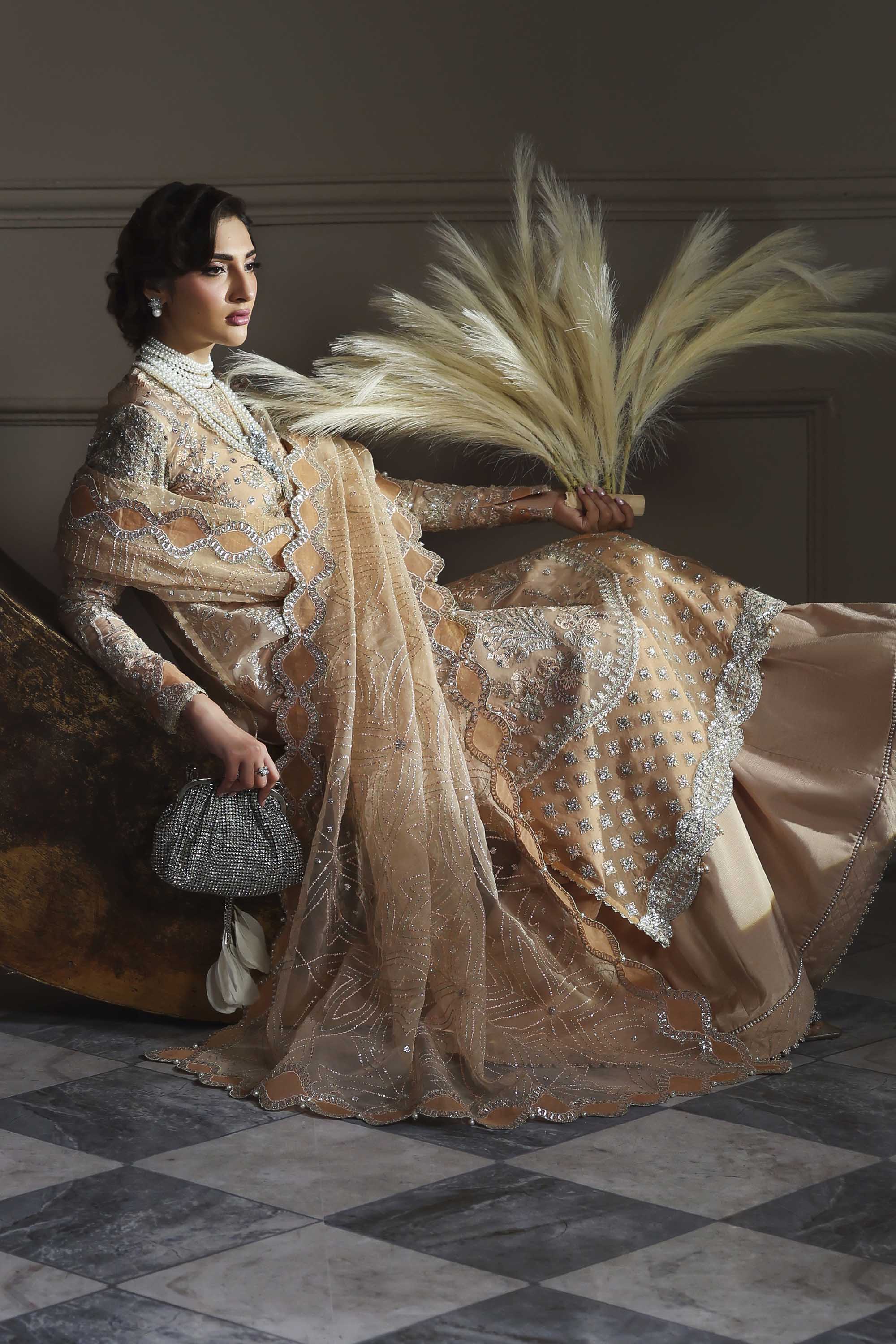 Women Wearing Aabroza Peach Long Shirt For Formals Events - Pakistani Designer Wear For Women In UK | Kifat
