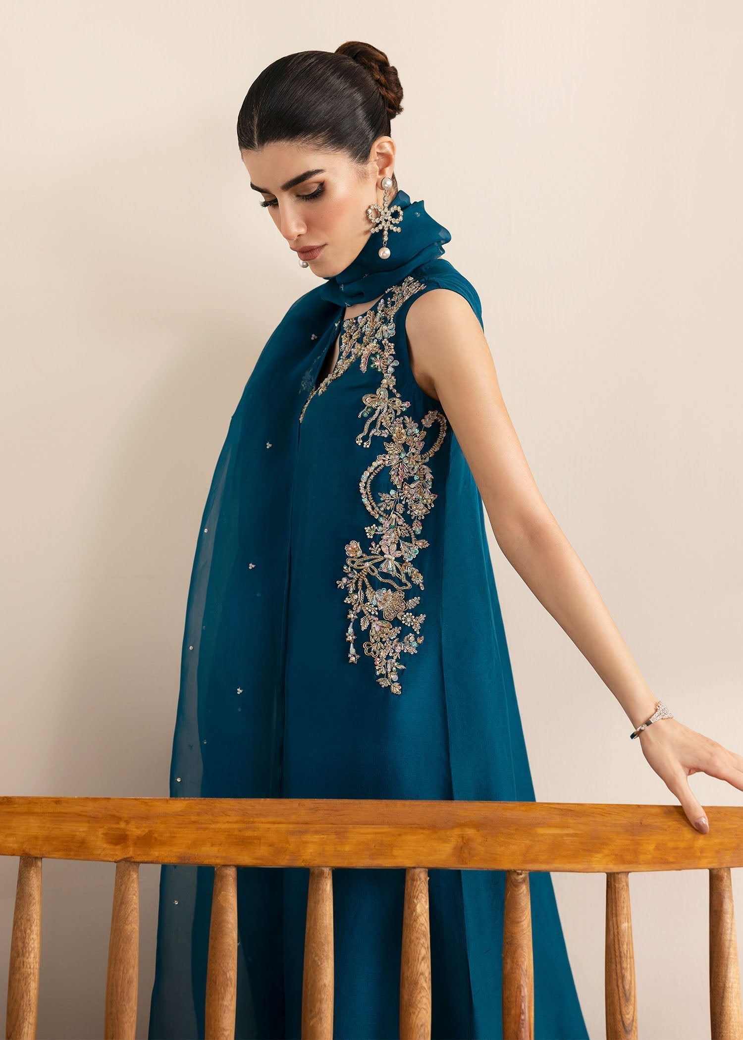 Kanwal Malik Teal Fit Shirt with cigarette pants for Luxury Wedding wear - Pakistani Designer Wear for Women in UK | Kifat