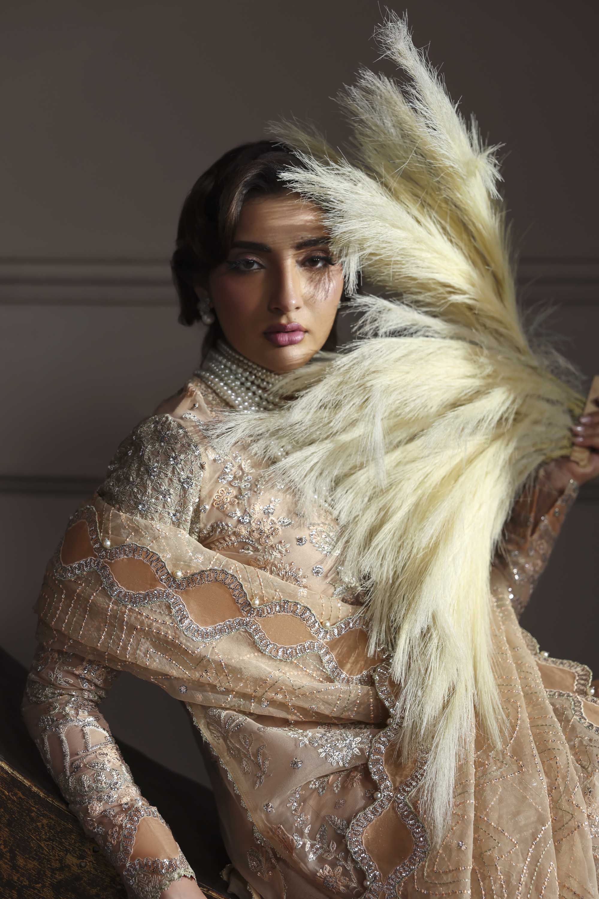 Women Wearing Aabroza Peach Long Shirt For Formals Events - Pakistani Designer Wear For Women In UK | Kifat