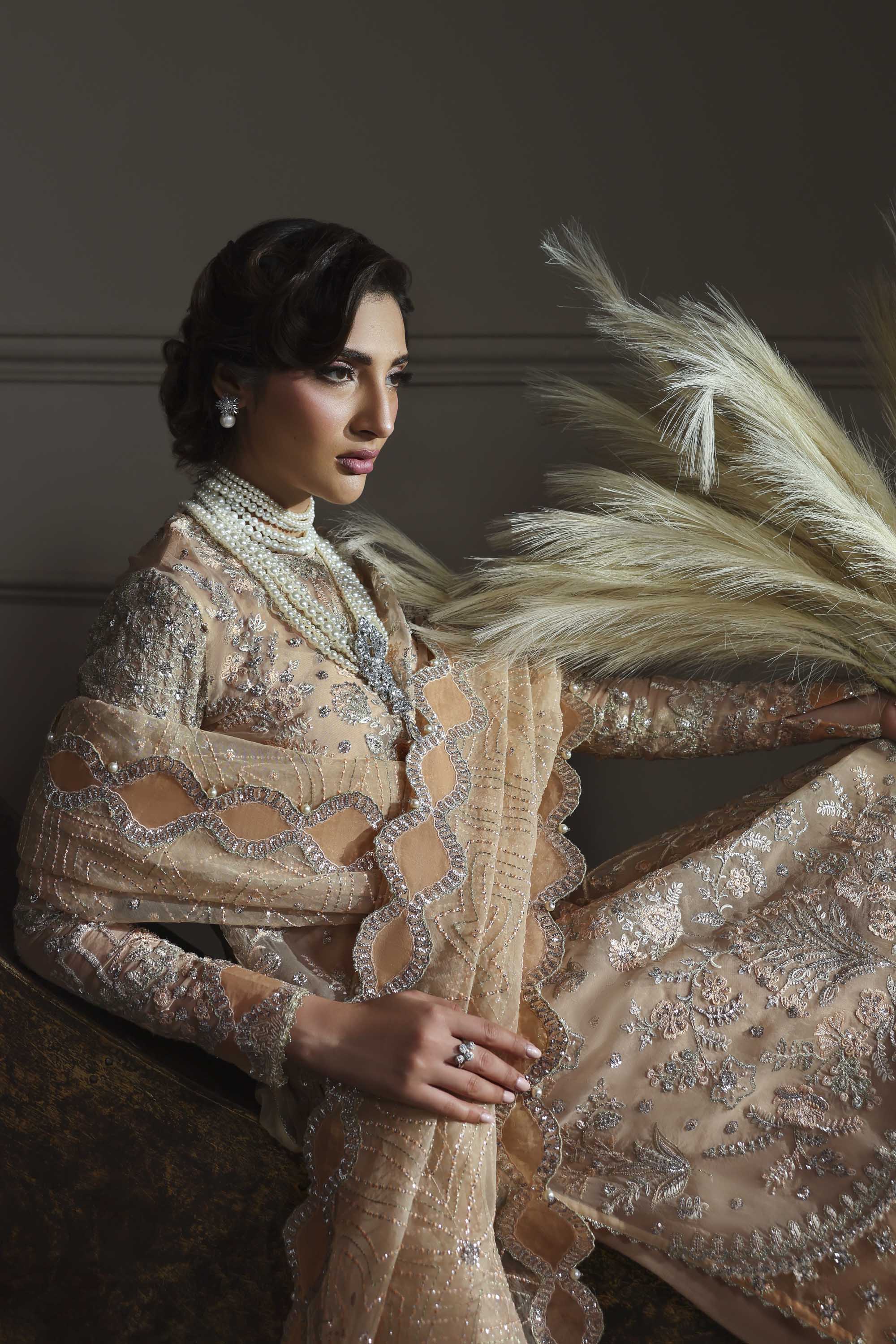 Women Wearing Aabroza Peach Long Shirt For Formals Events - Pakistani Designer Wear For Women In UK | Kifat