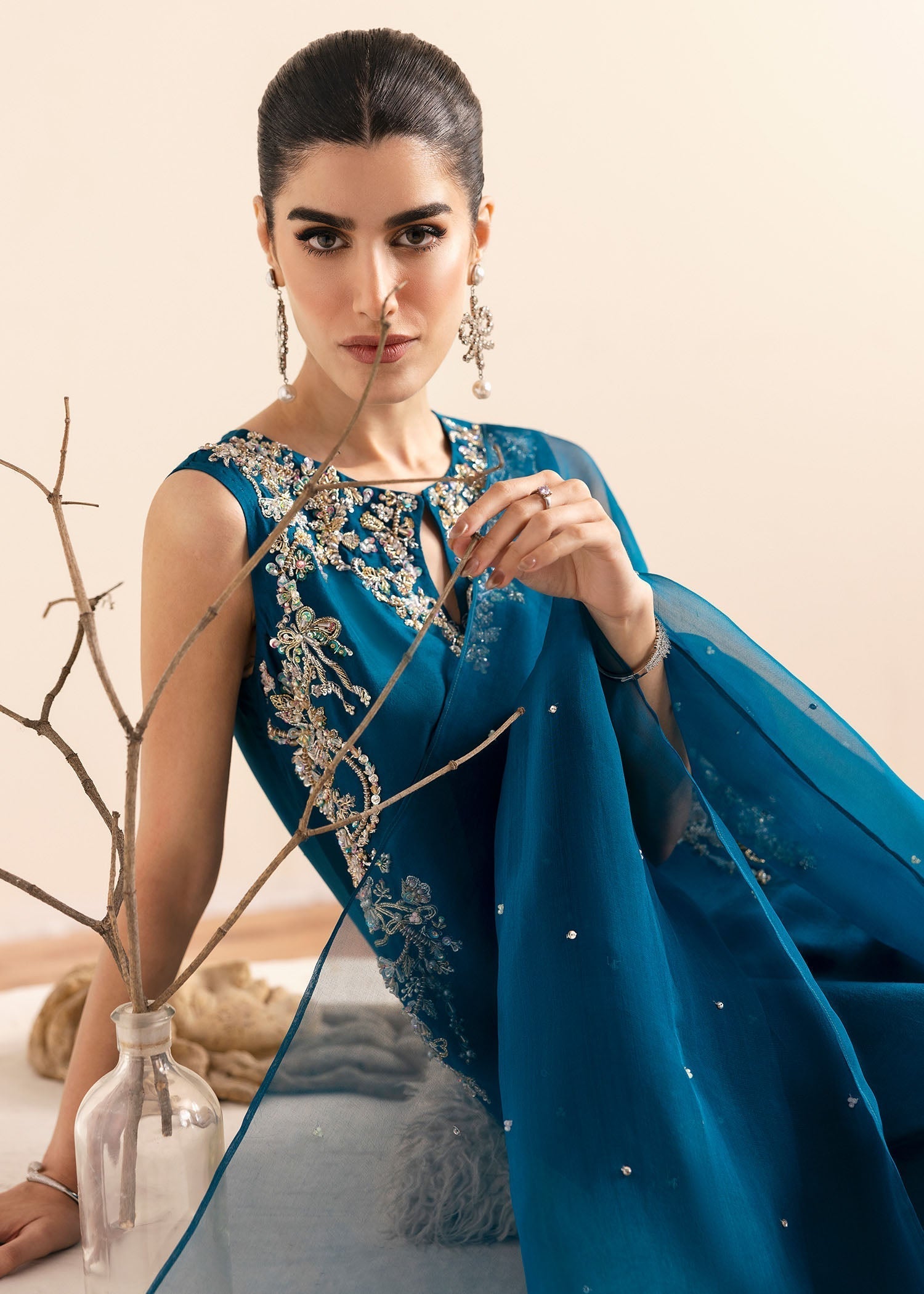 Kanwal Malik Teal Fit Shirt with cigarette pants for Luxury Wedding wear - Pakistani Designer Wear for Women in UK | Kifat