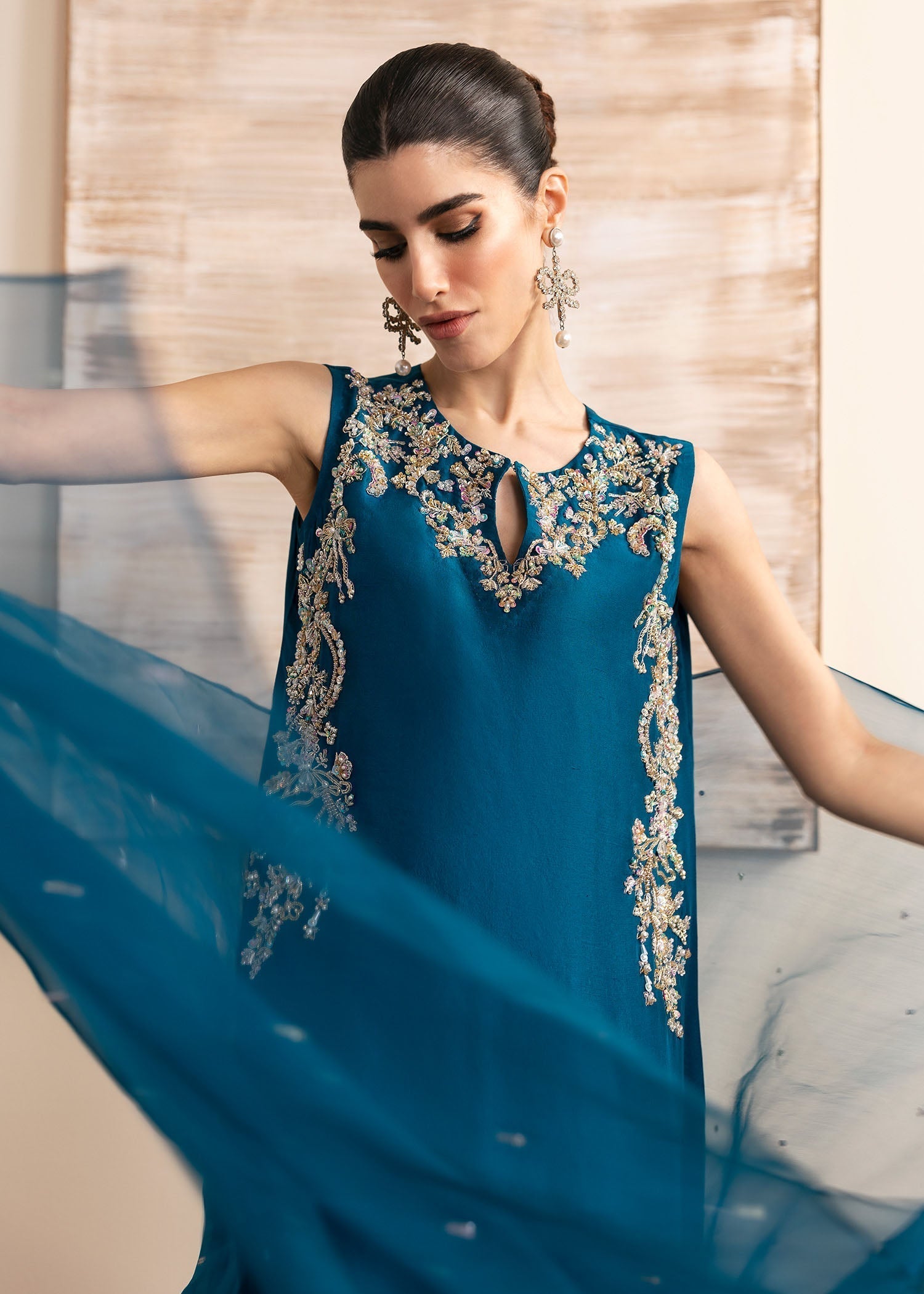 Kanwal Malik Teal Fit Shirt with cigarette pants for Luxury Wedding wear - Pakistani Designer Wear for Women in UK | Kifat