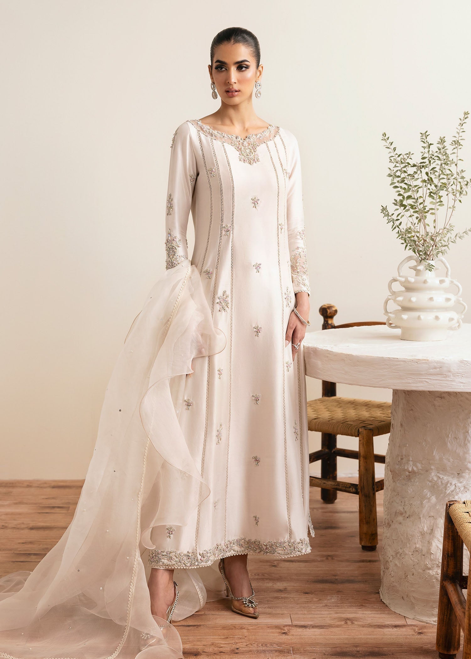 Kanwal Malik Ivory A-line shirt with trouser for Luxury Wedding wear - Pakistani Designer Wear for Women in UK | Kifat