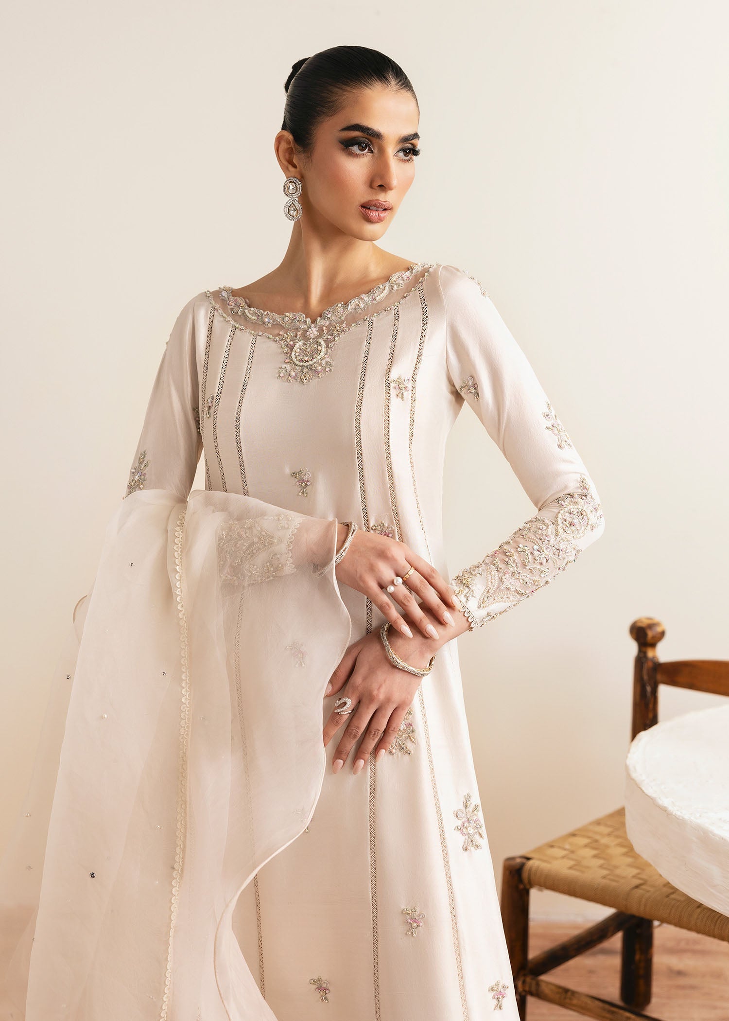 Kanwal Malik Ivory A-line shirt with trouser for Luxury Wedding wear - Pakistani Designer Wear for Women in UK | Kifat