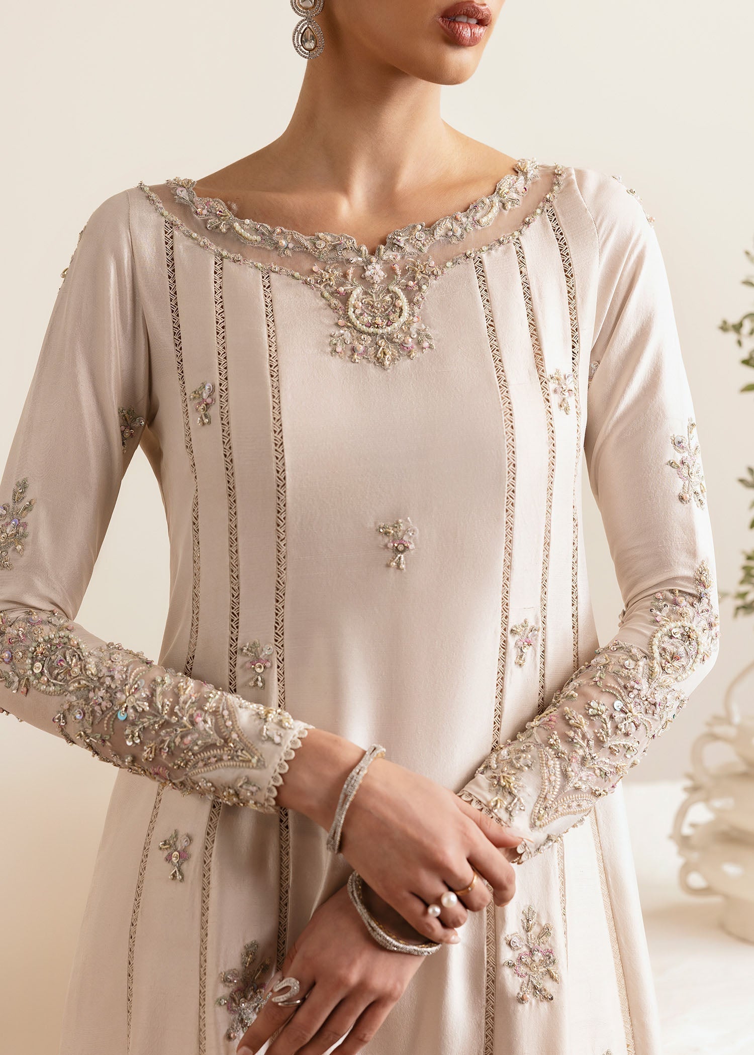 Kanwal Malik Ivory A-line shirt with trouser for Luxury Wedding wear - Pakistani Designer Wear for Women in UK | Kifat