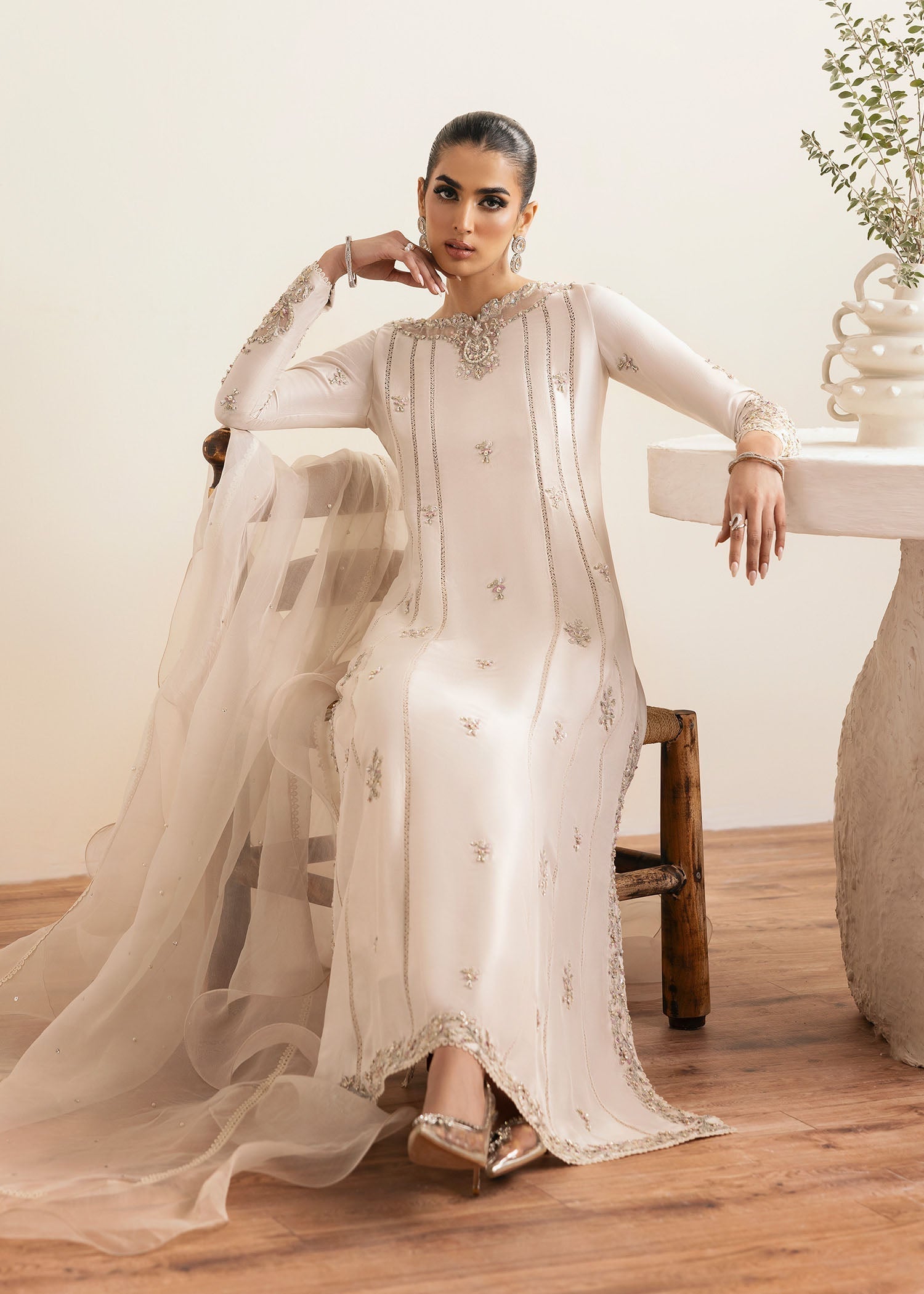 Kanwal Malik Ivory A-line shirt with trouser for Luxury Wedding wear - Pakistani Designer Wear for Women in UK | Kifat