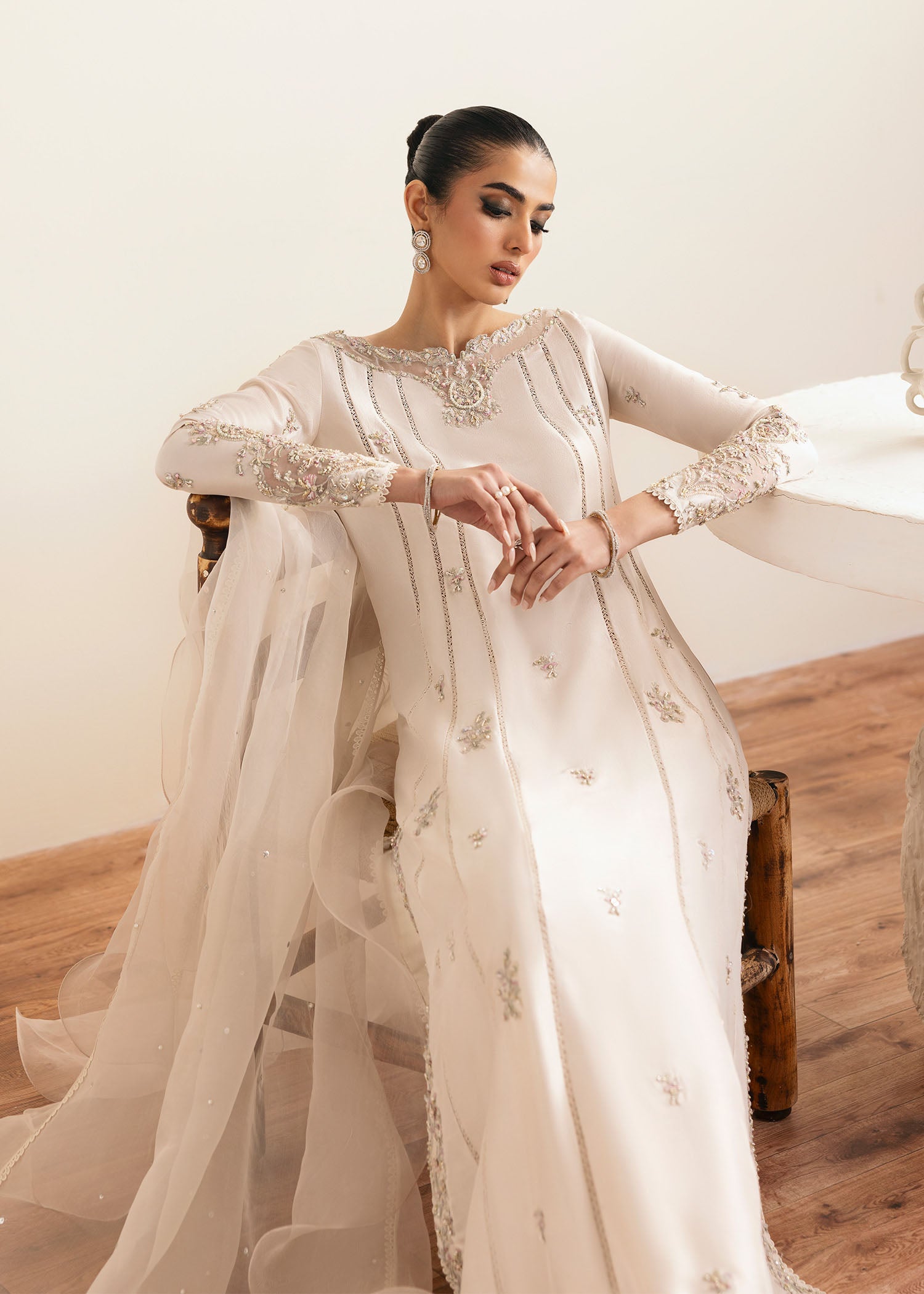 Kanwal Malik Ivory A-line shirt with trouser for Luxury Wedding wear - Pakistani Designer Wear for Women in UK | Kifat