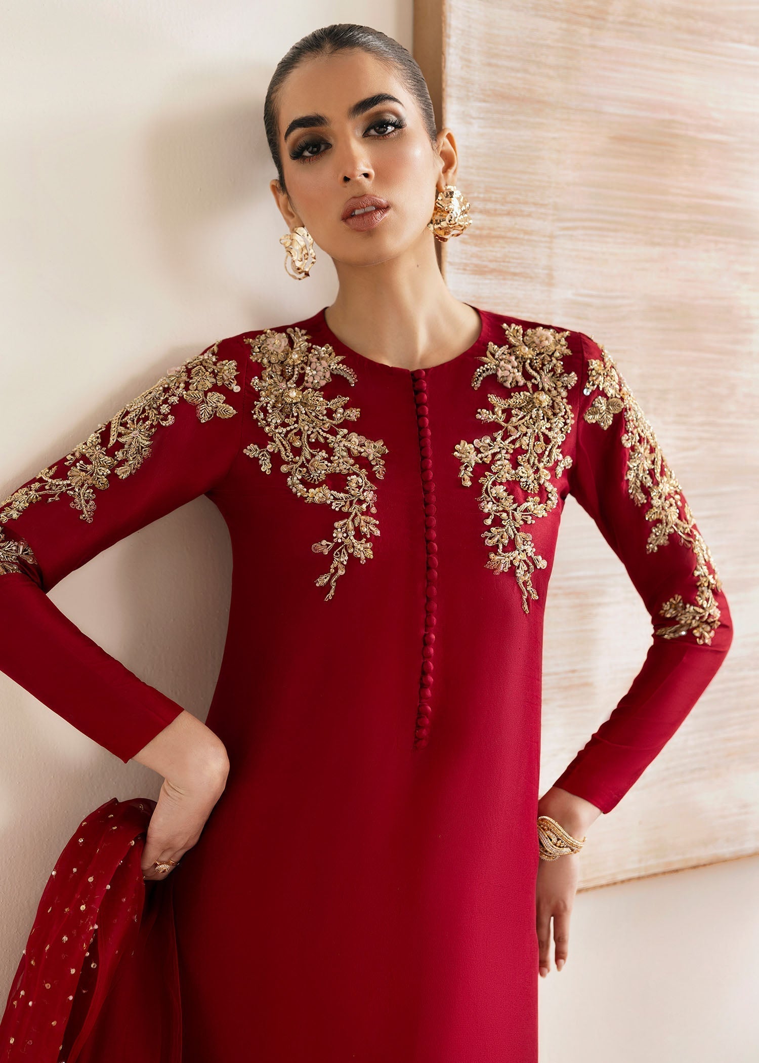 Kanwal Malik Red long shirt with trouser for Luxury Wedding wear - Pakistani Designer Wear for Women in UK | Kifat