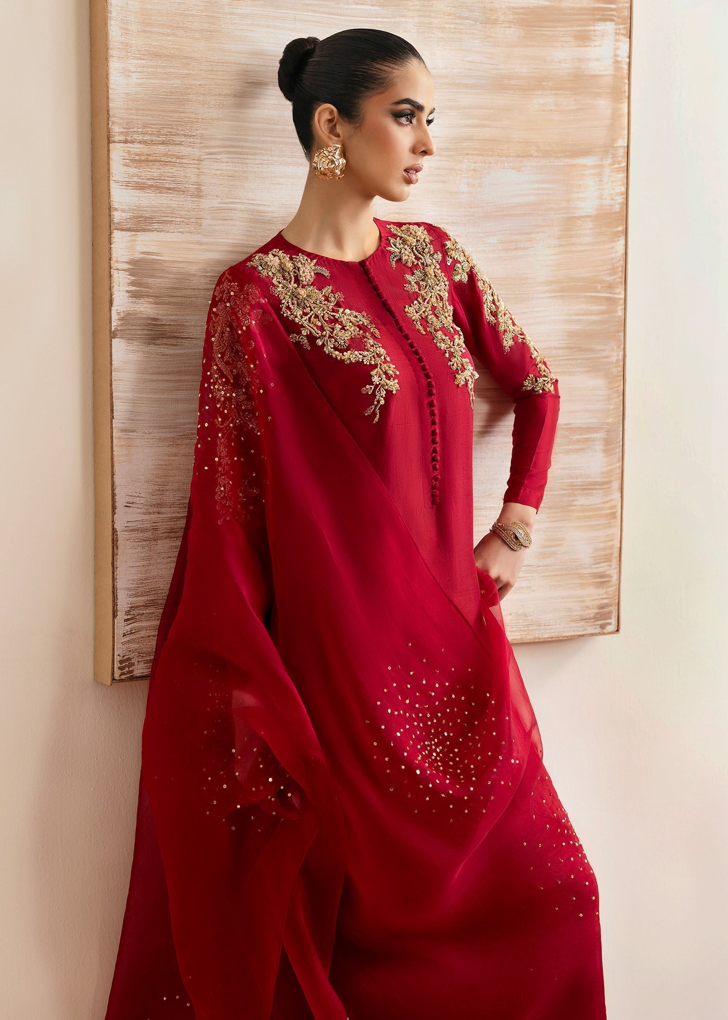 Kanwal Malik Red long shirt with trouser for Luxury Wedding wear - Pakistani Designer Wear for Women in UK | Kifat