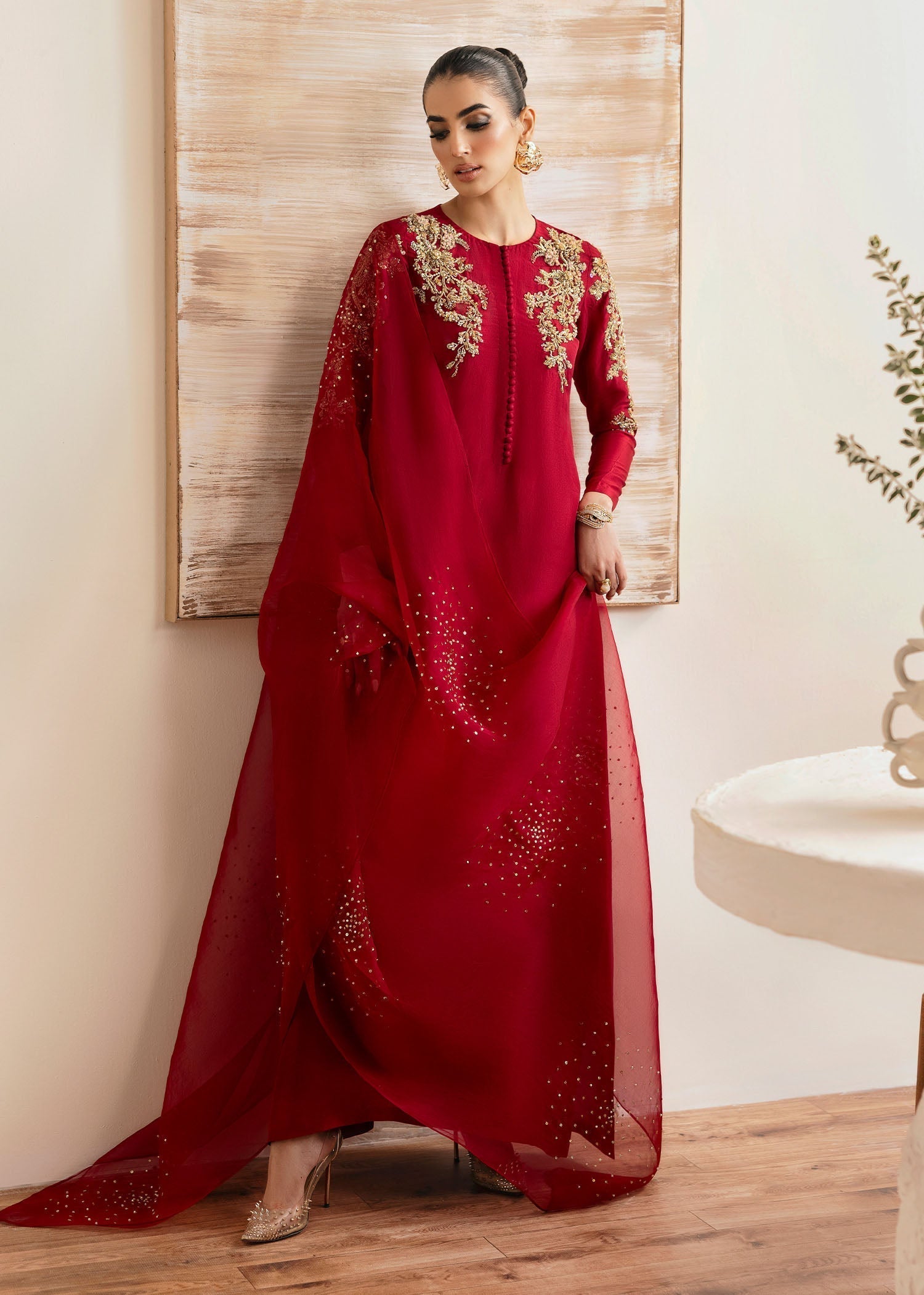 Kanwal Malik Red long shirt with trouser for Luxury Wedding wear - Pakistani Designer Wear for Women in UK | Kifat