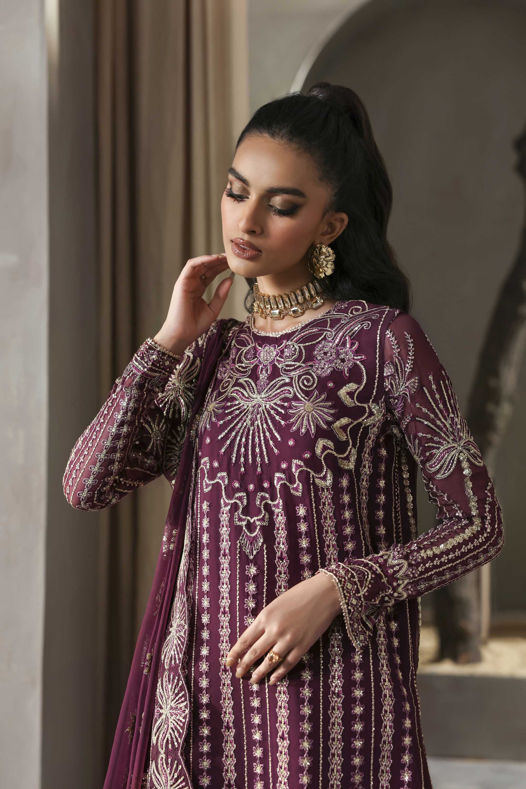 Women Wearing Mahin Purple Long Shirt For Formals Events - Pakistani Designer Wear For Women In UK | Kifat