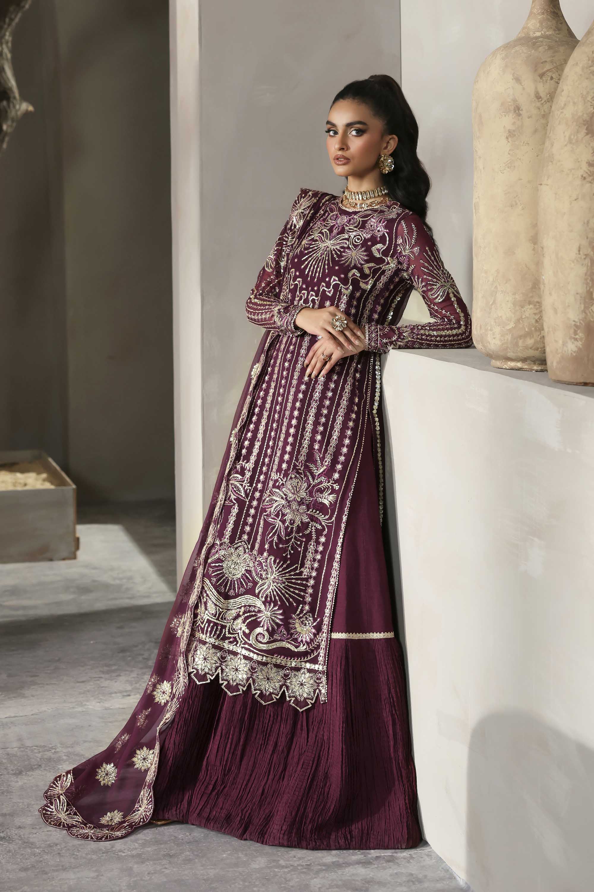 Women Wearing Mahin Purple Long Shirt For Formals Events - Pakistani Designer Wear For Women In UK | Kifat