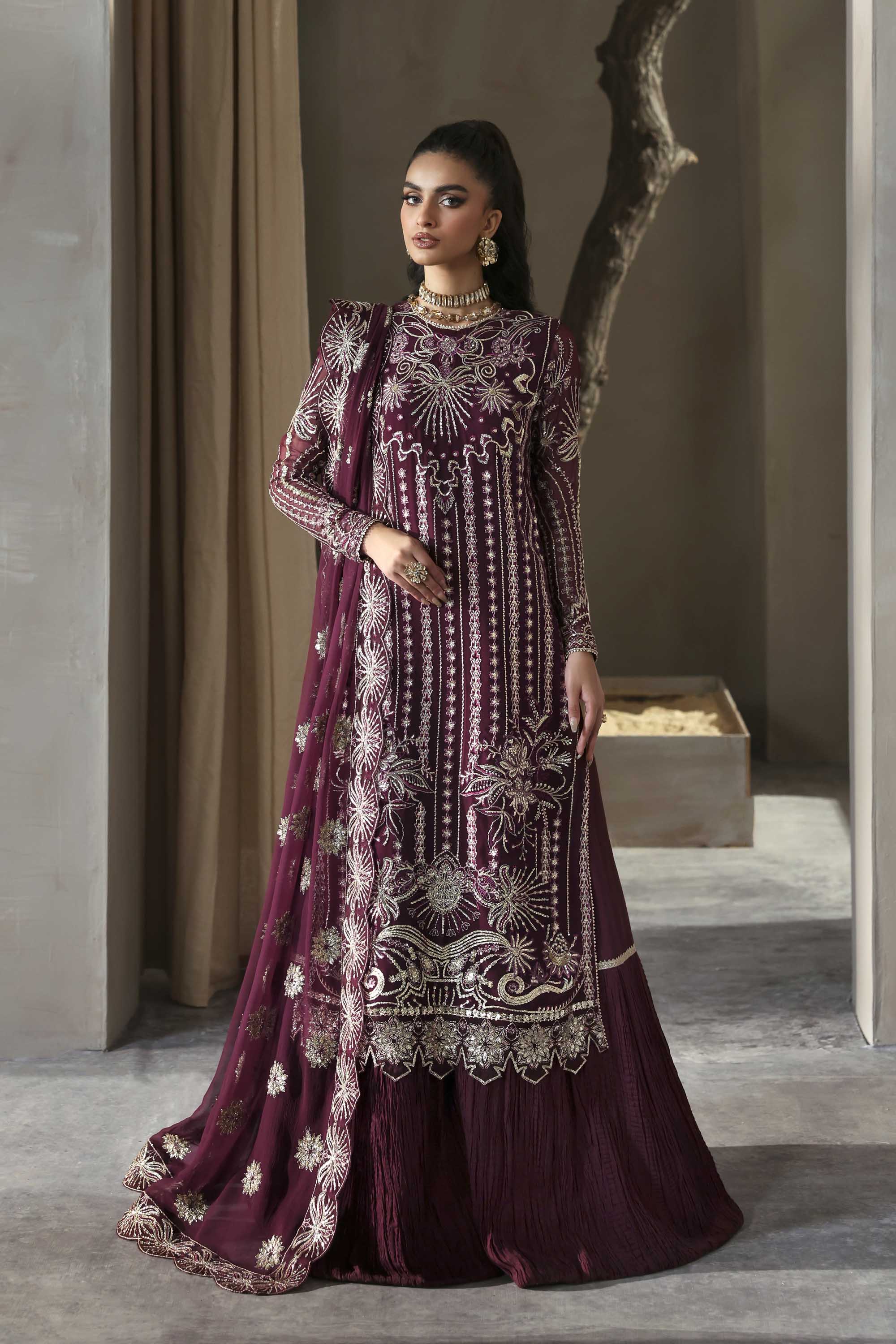 Women Wearing Mahin Purple Long Shirt For Formals Events - Pakistani Designer Wear For Women In UK | Kifat