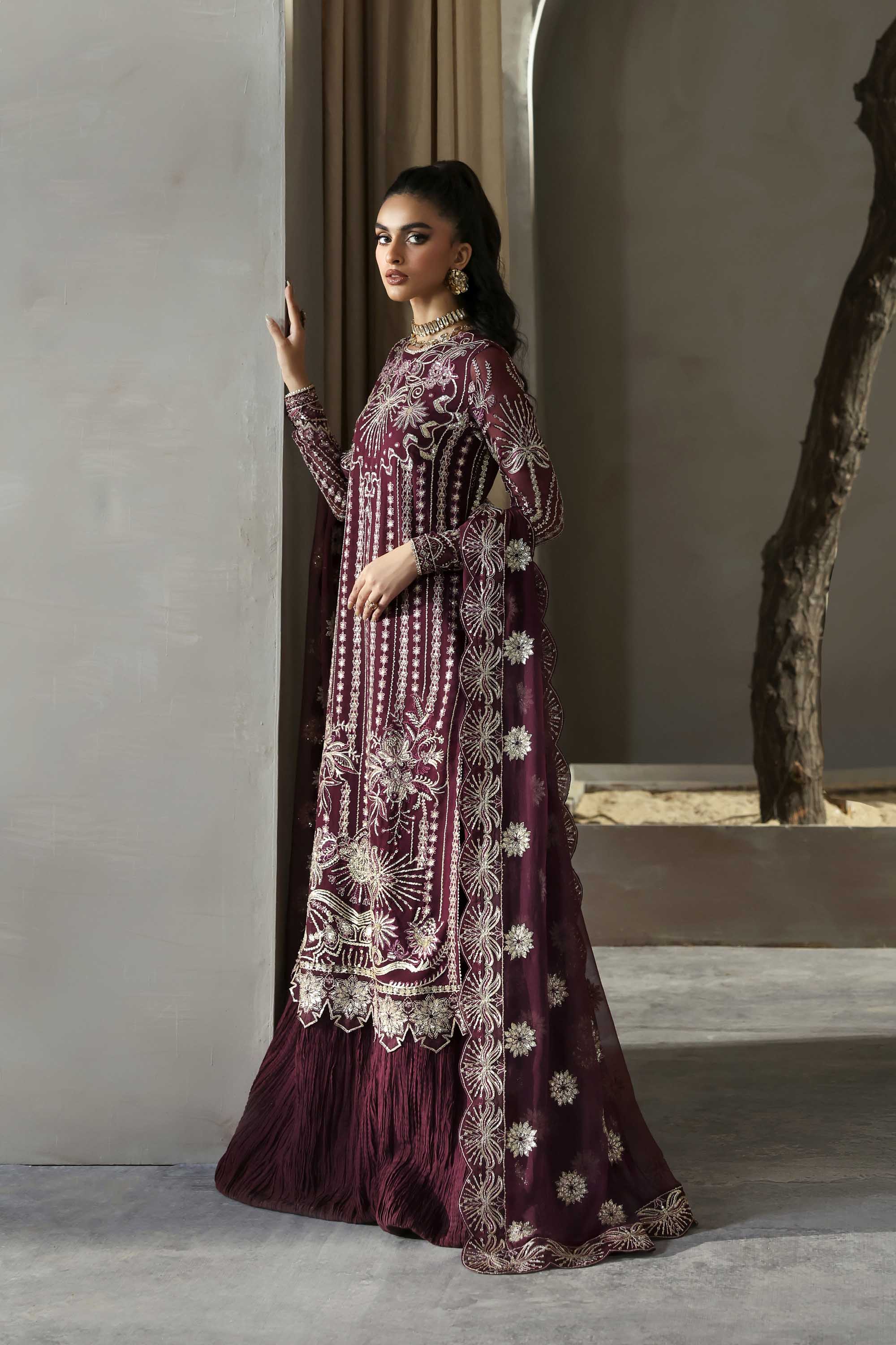 Women Wearing Mahin Purple Long Shirt For Formals Events - Pakistani Designer Wear For Women In UK | Kifat