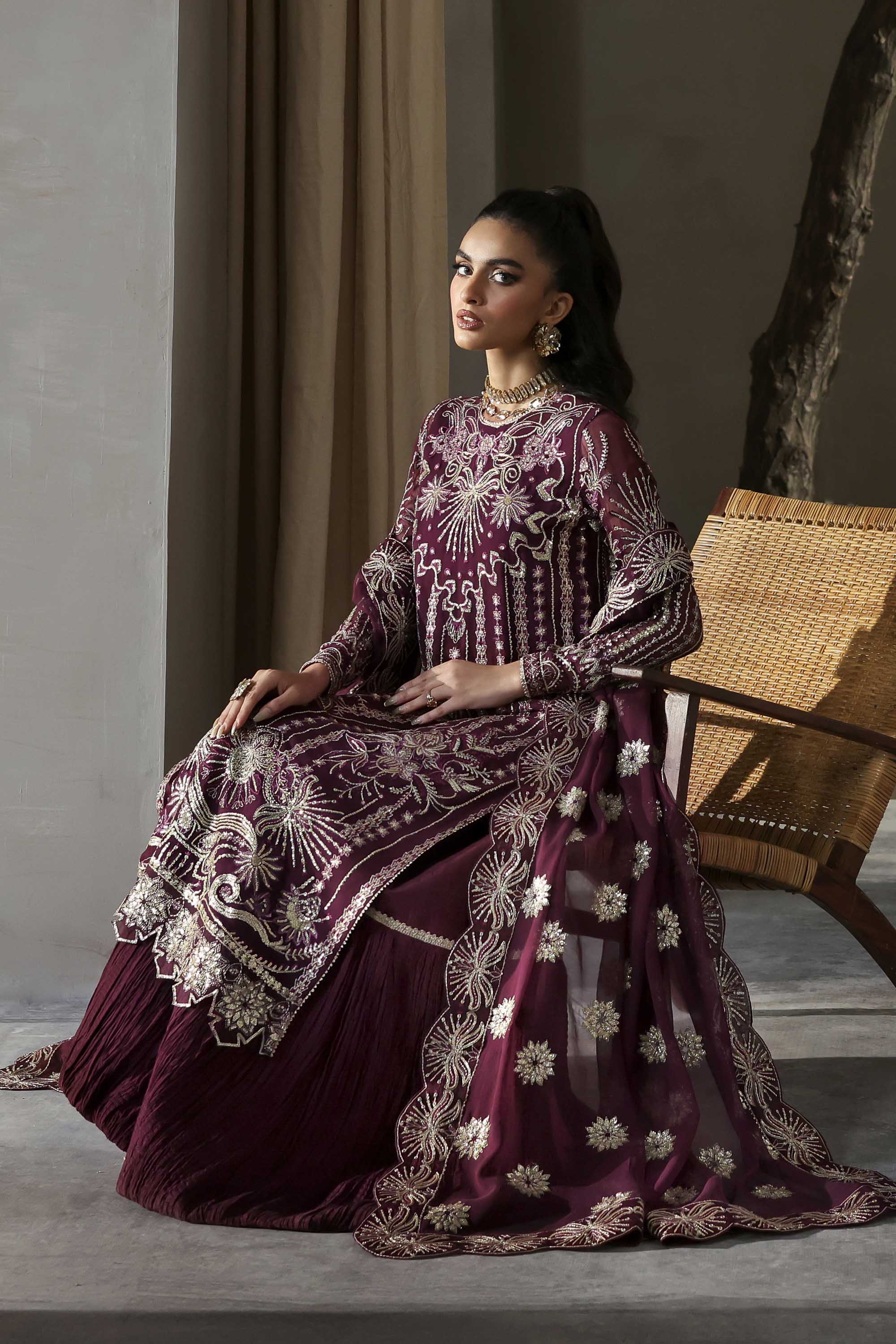 Women Wearing Mahin Purple Long Shirt For Formals Events - Pakistani Designer Wear For Women In UK | Kifat