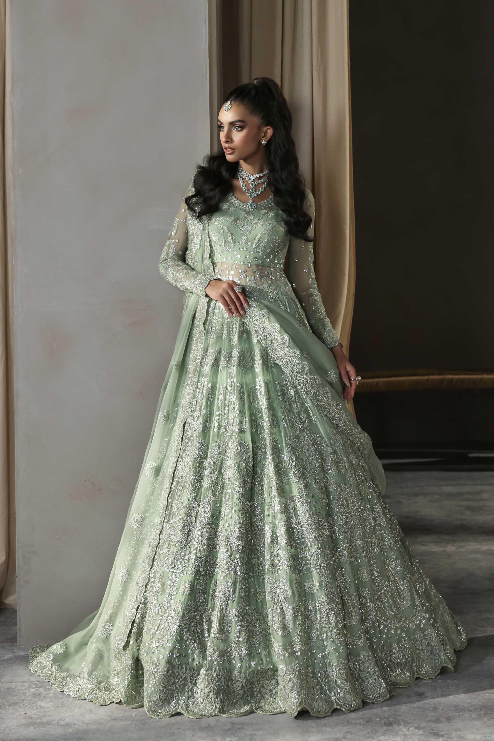 Women Wearing Hayal Mint Peshwas For Formals Events - Pakistani Designer Wear For Women In UK | Kifat