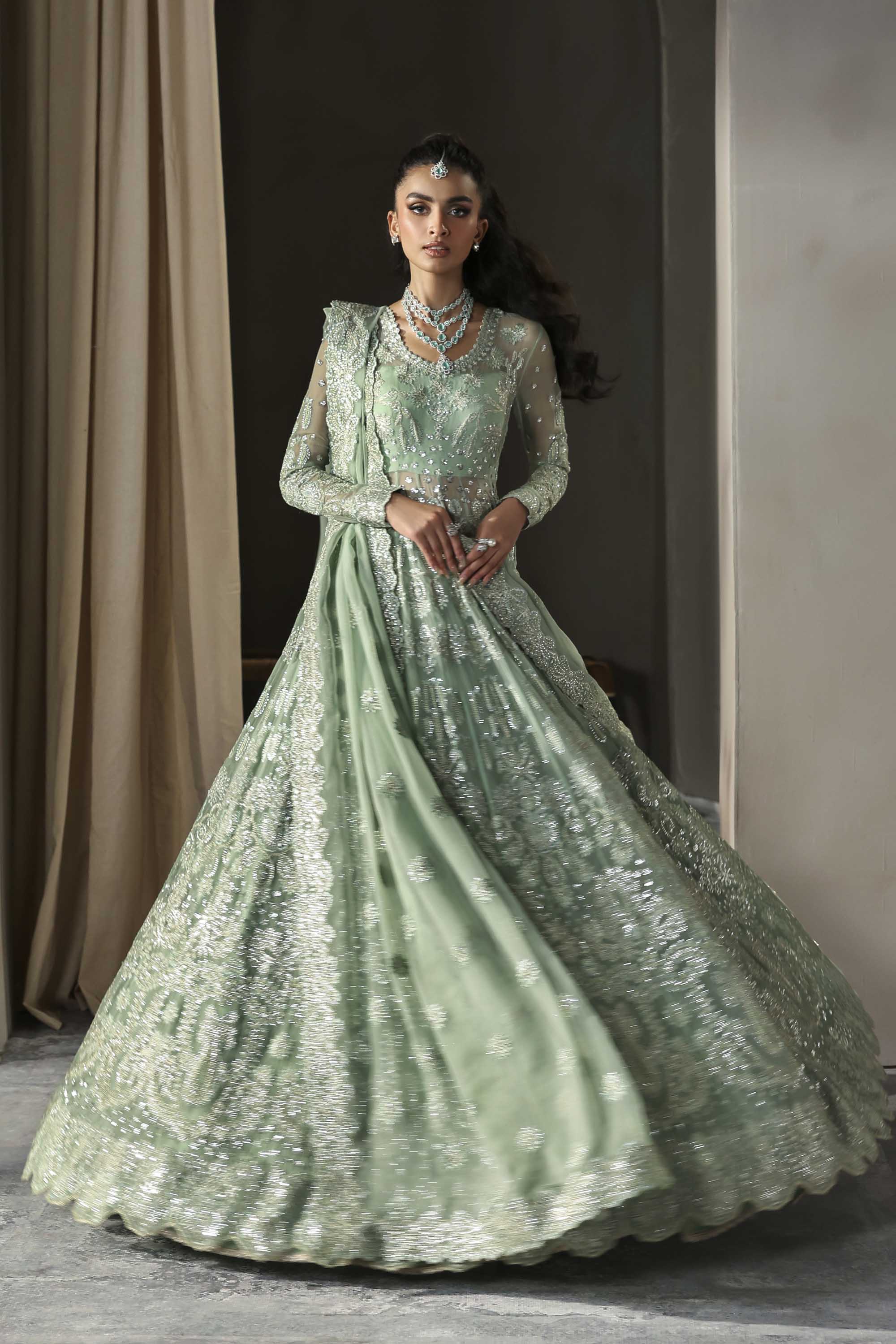 Women Wearing Hayal Mint Peshwas For Formals Events - Pakistani Designer Wear For Women In UK | Kifat