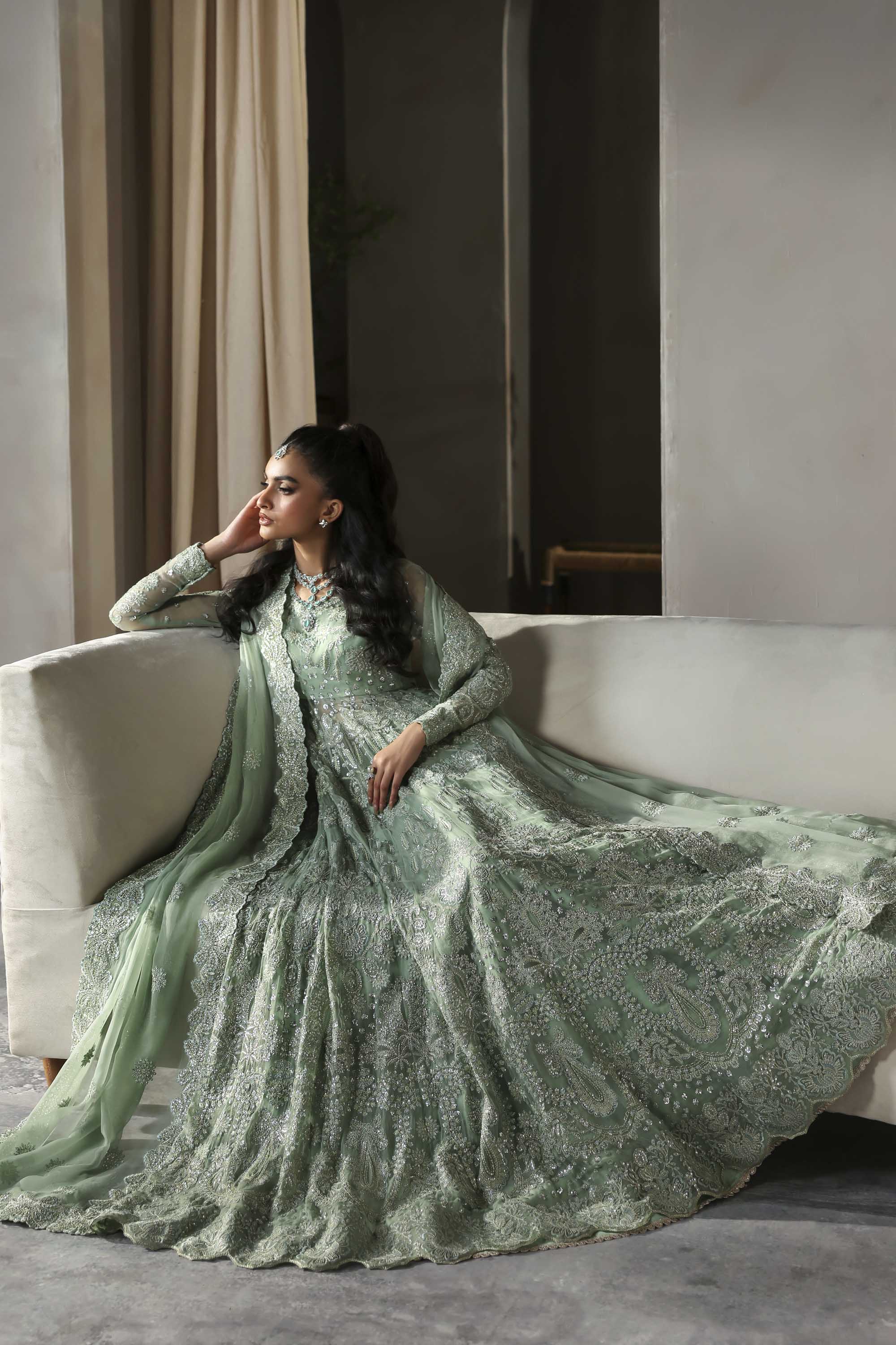 Women Wearing Hayal Mint Peshwas For Formals Events - Pakistani Designer Wear For Women In UK | Kifat