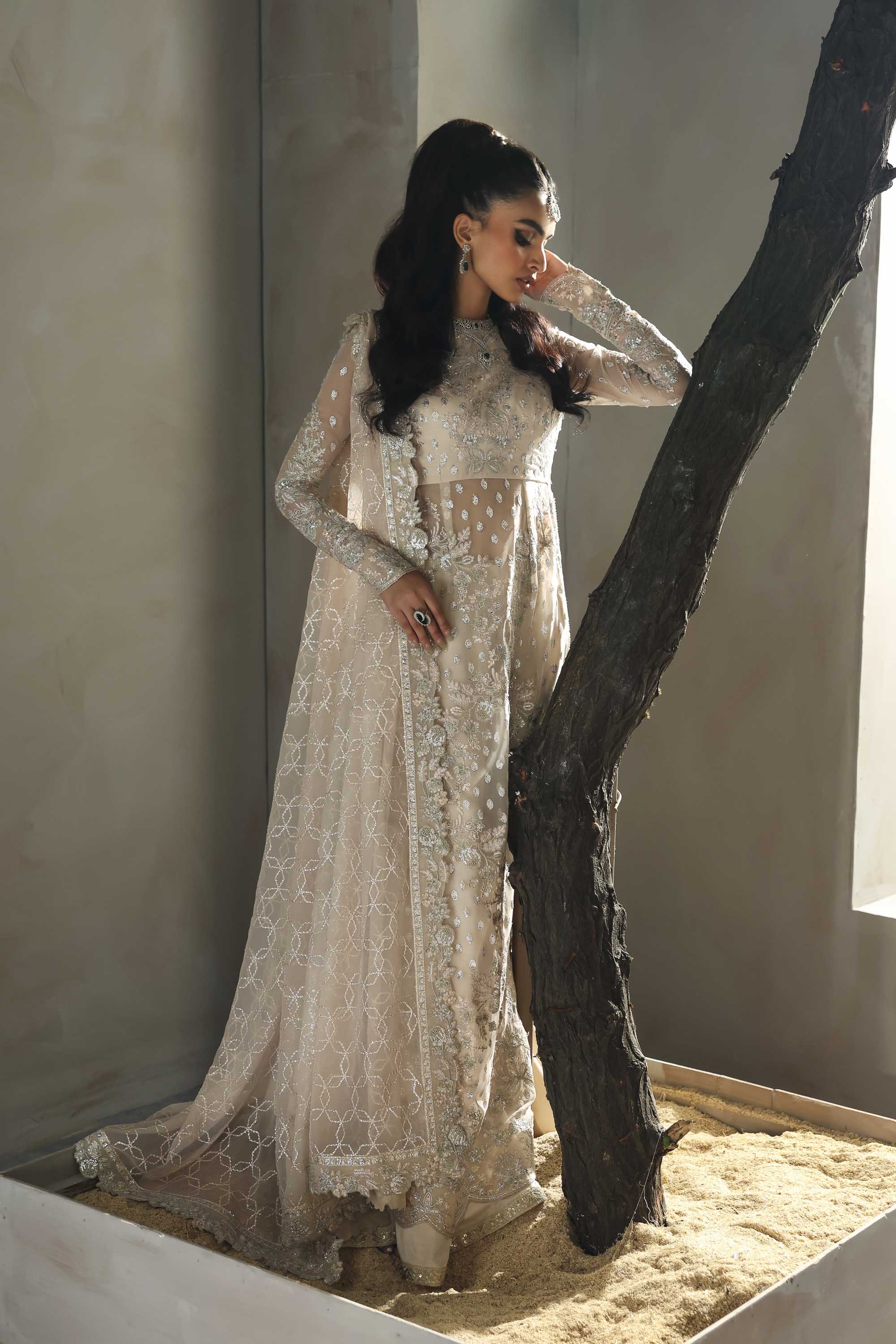 Women Wearing Sehrya Cream Long Cut Shirt For Formals Events - Pakistani Designer Wear For Women In UK | Kifat