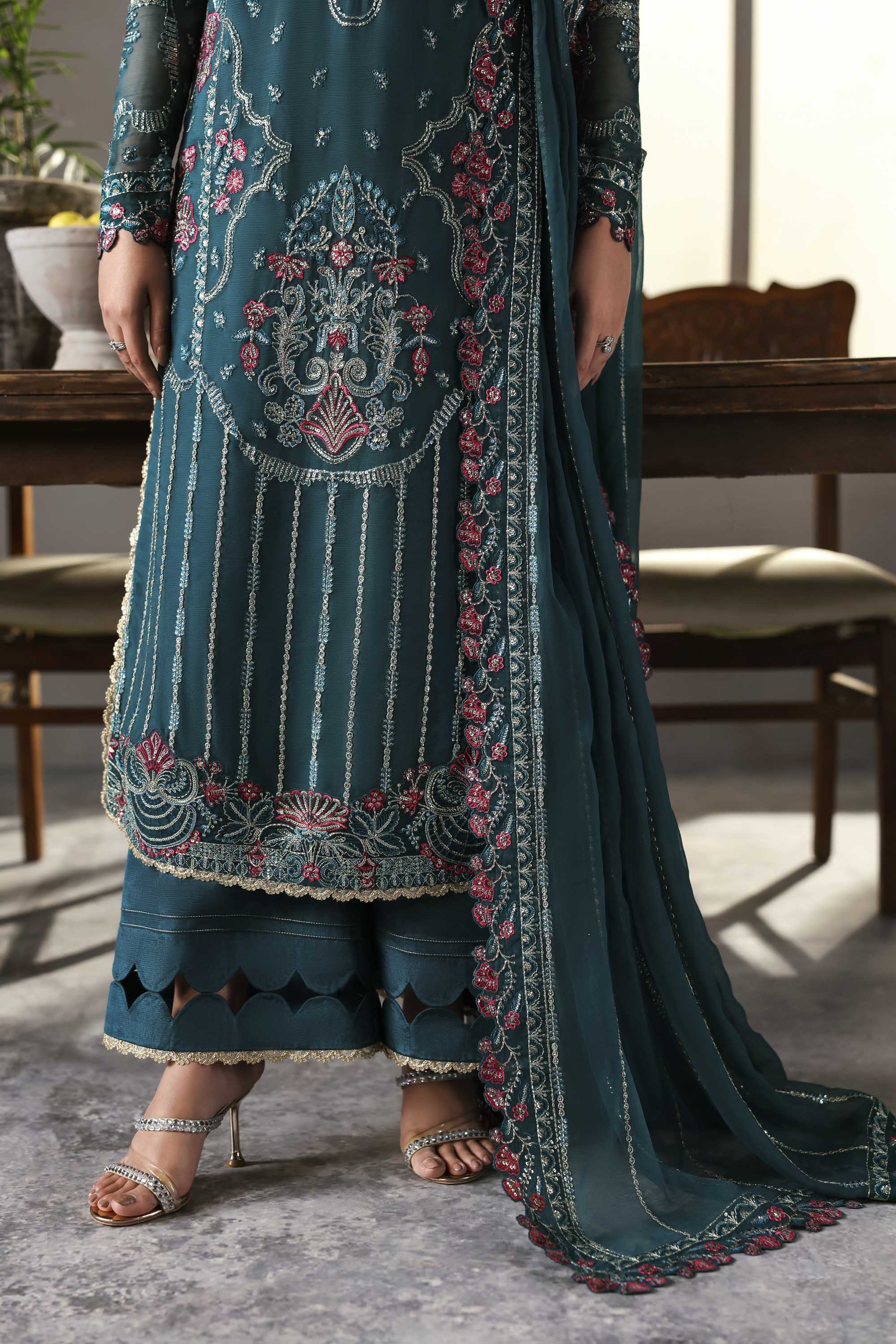Women Wearing Scarzia Teal Long Shirt For Formals Events - Pakistani Designer Wear For Women In UK | Kifat